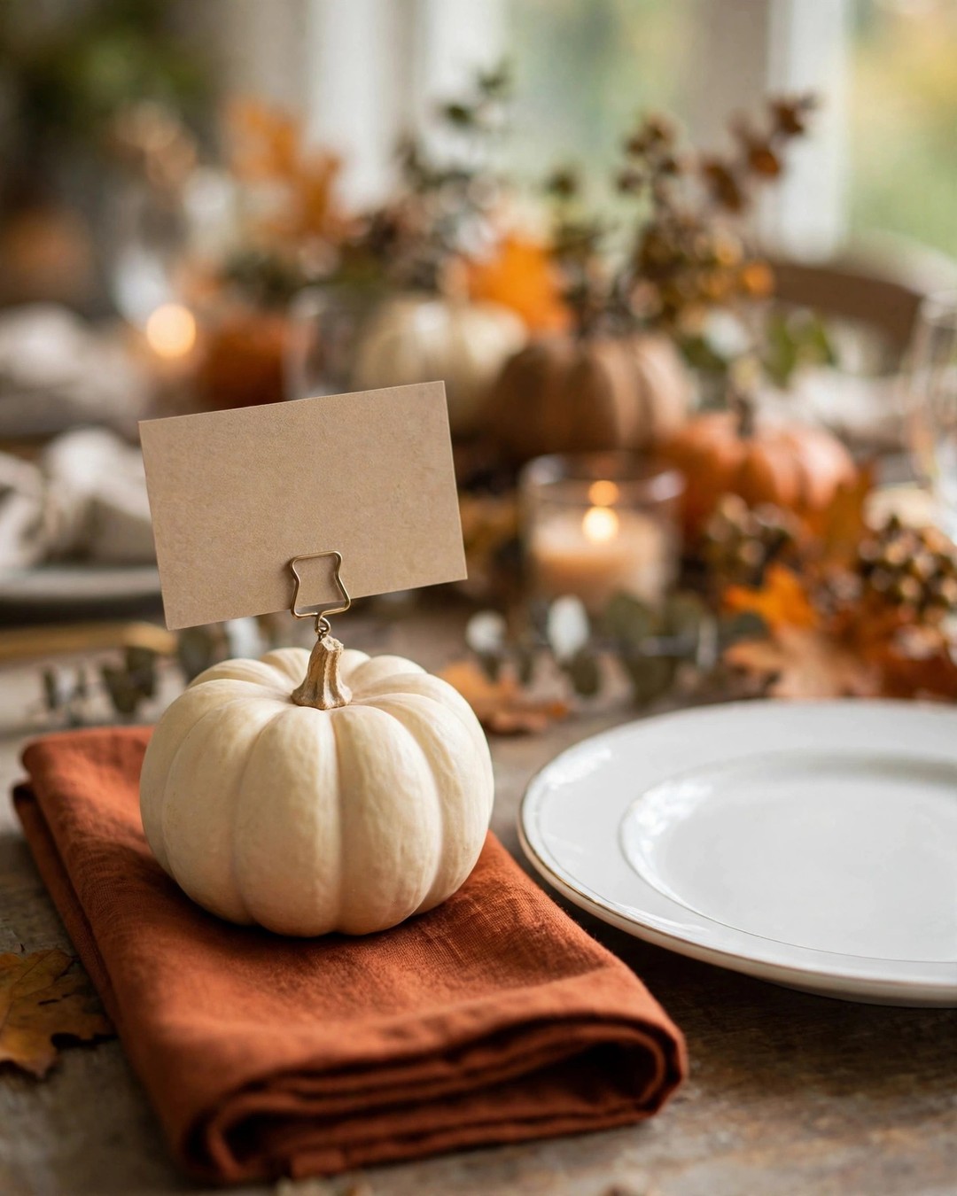 Mini white pumpkin place card holder with blank kraft name card on a fall table setting