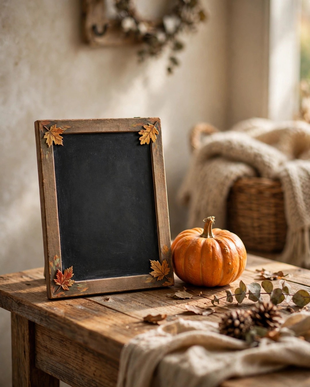 Rustic blank chalkboard sign with painted fall leaves in the corners beside a small pumpkin
