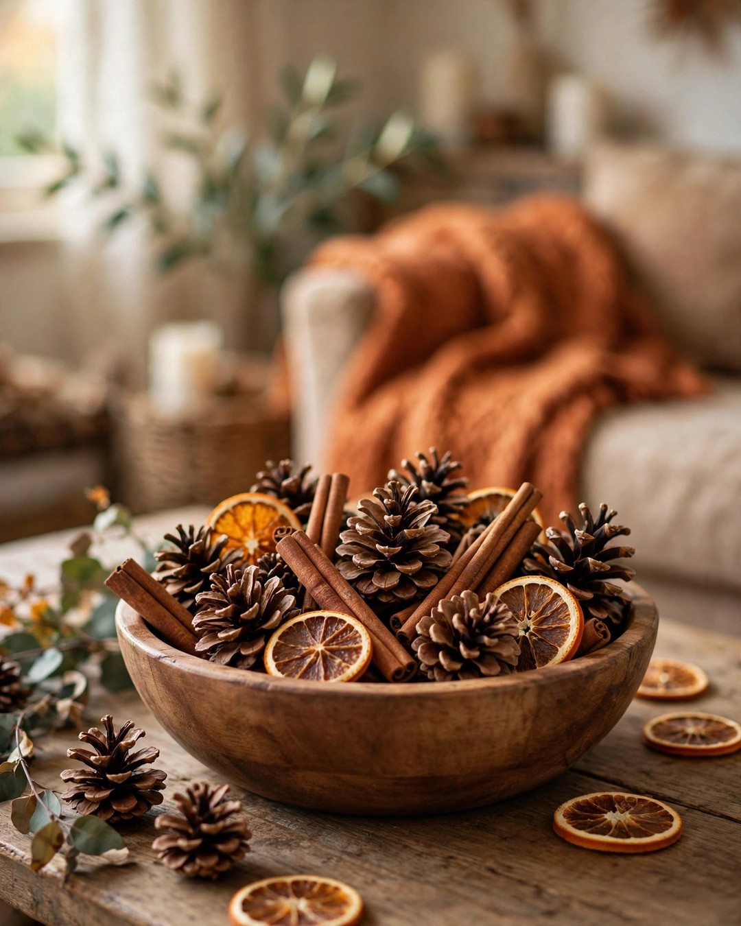 Wooden bowl of scented pinecones with cinnamon sticks and dried orange slices
