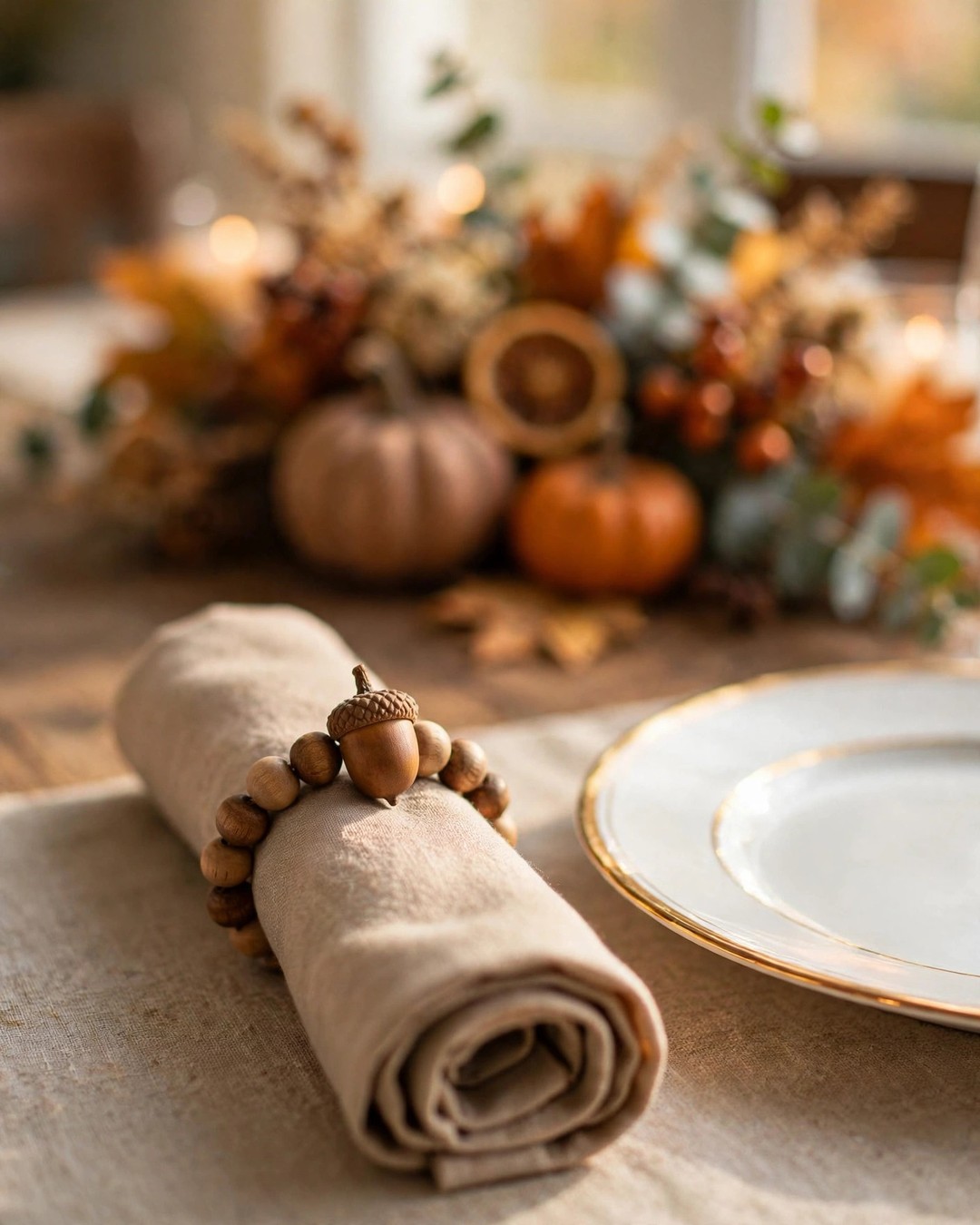 Handmade napkin ring of wood beads with a faux acorn on a rolled linen napkin