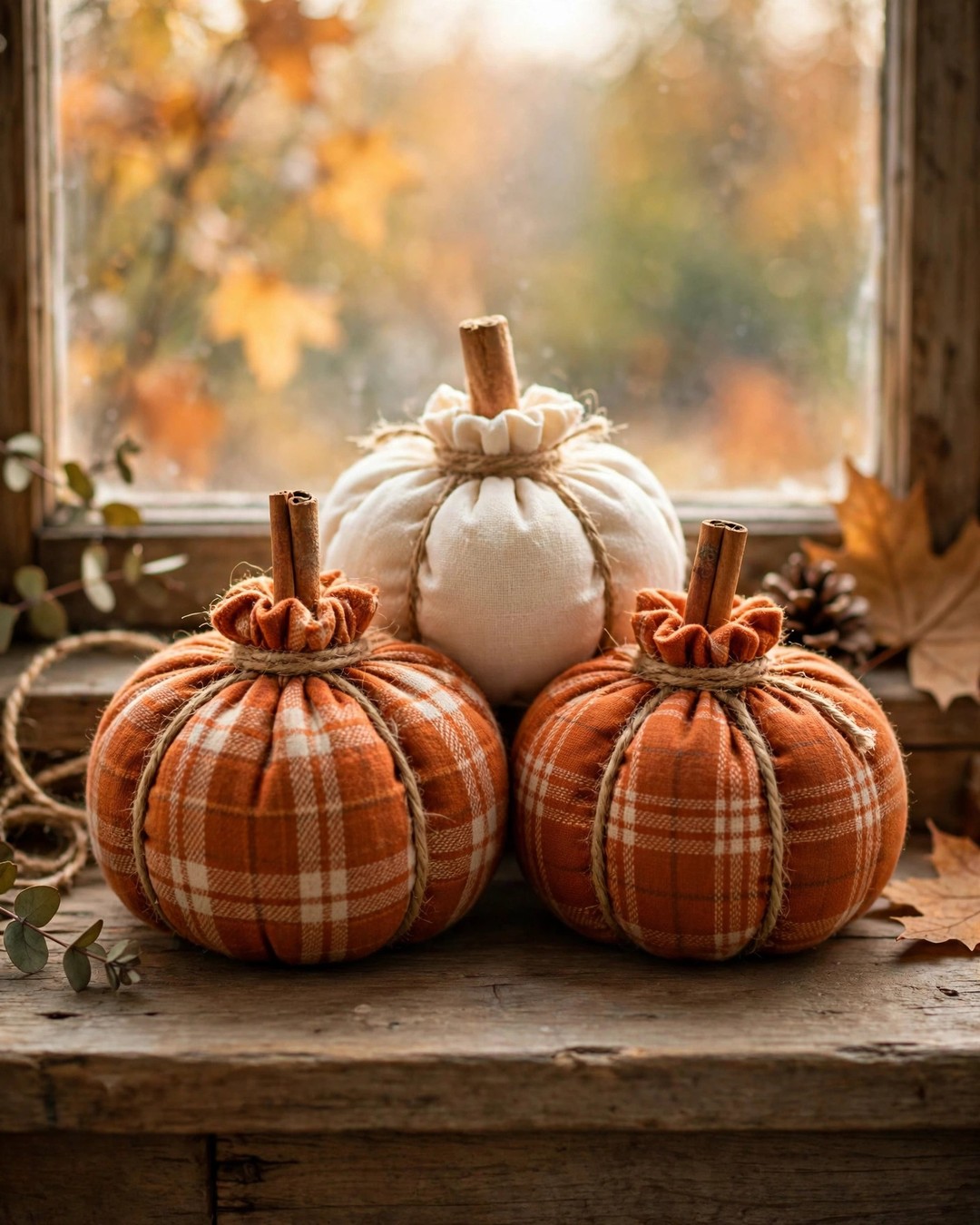 No-sew fabric pumpkins in plaid flannel and cream with cinnamon stick stems on a windowsill