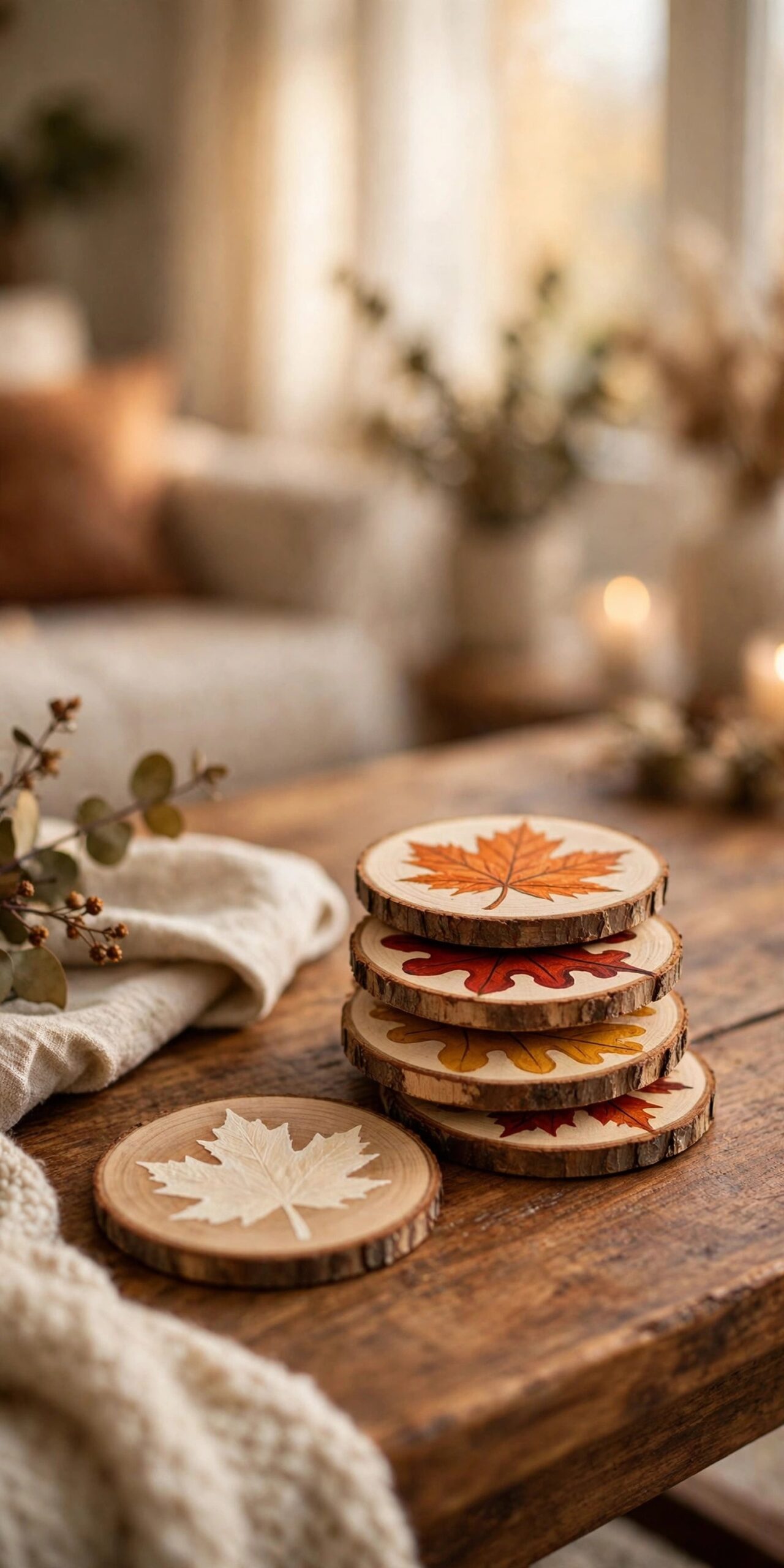 Handmade painted wood slice coasters with fall leaf designs in orange, red and mustard stacked on a coffee table