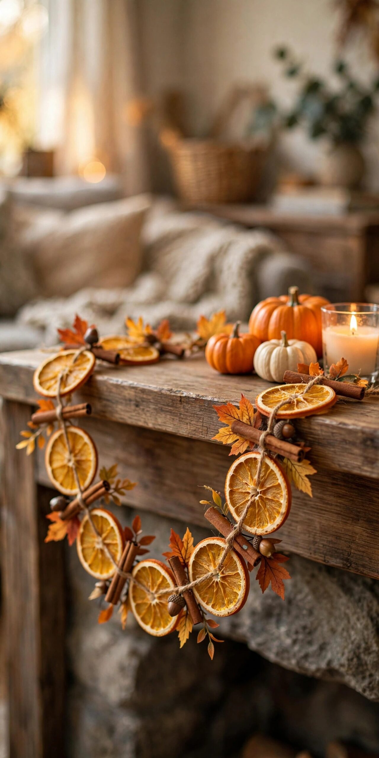 Dried orange slice garland with cinnamon sticks and faux autumn leaves draped on a wooden fireplace mantel