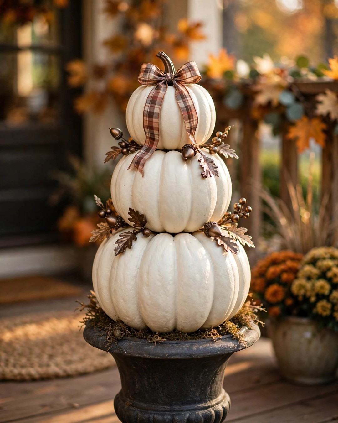 Stacked white pumpkin topiary with plaid ribbon bow in an urn on a fall porch