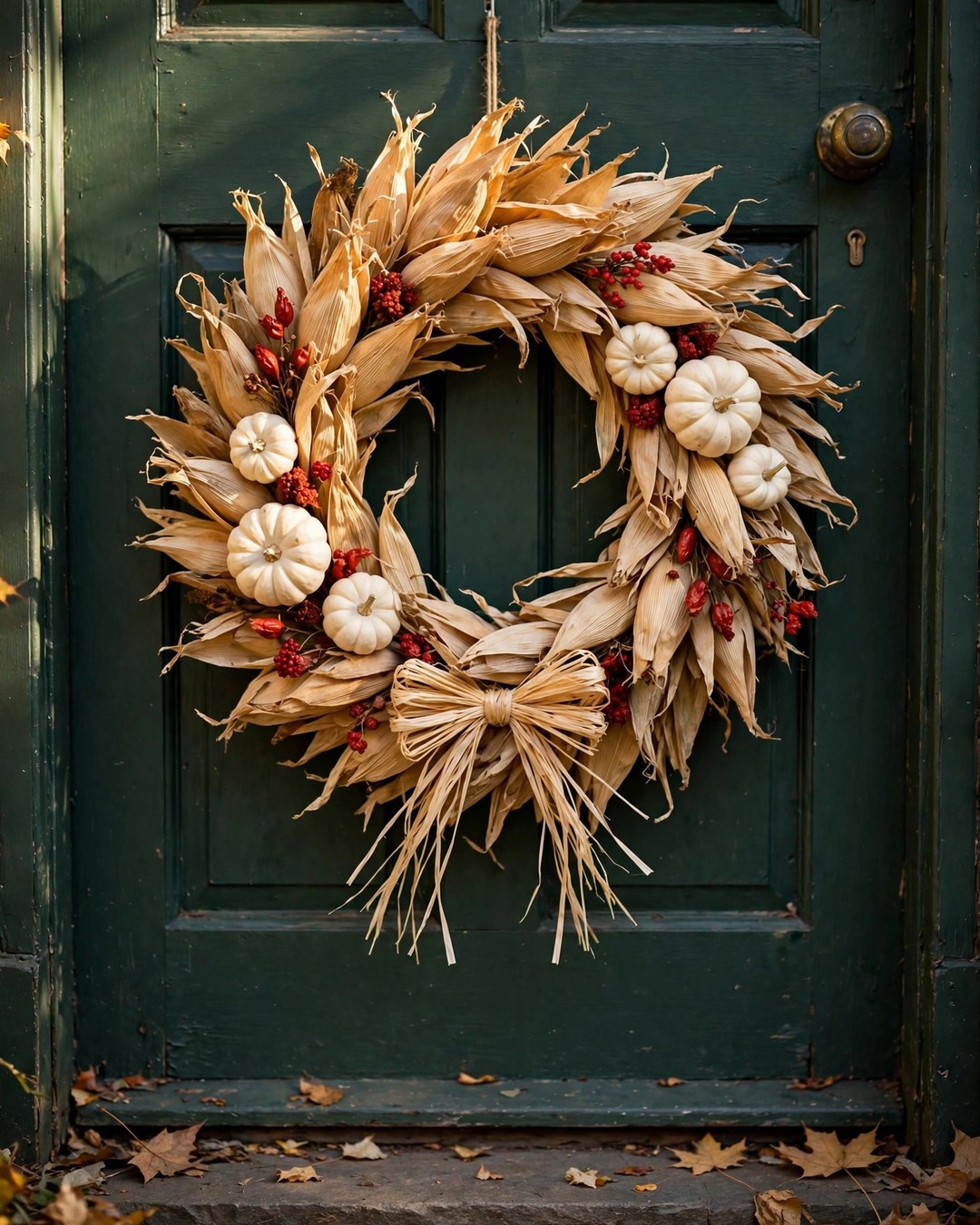 Handmade corn husk wreath with mini white pumpkins and red berries on a green front door