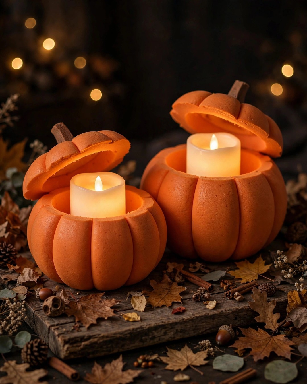 Foam pumpkins carved into candle holders with glowing LED pillar candles on a wooden tray