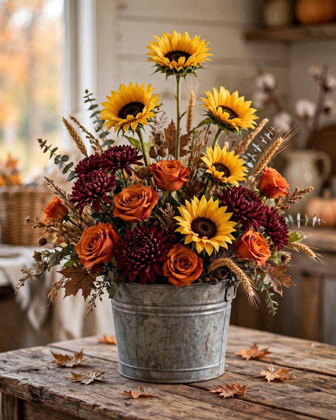 Fall floral arrangement of silk sunflowers, burgundy mums, and orange roses in a galvanized bucket