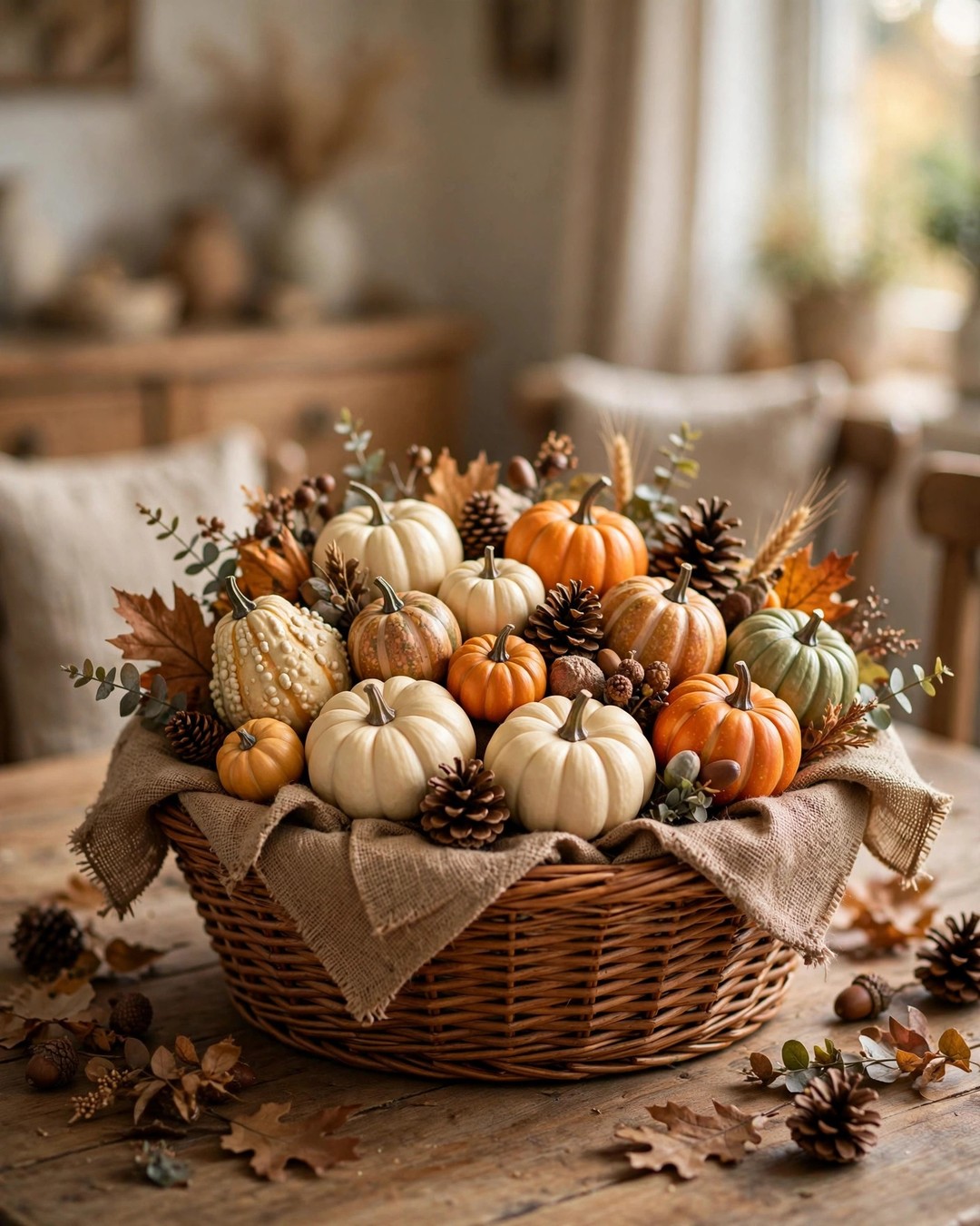 Wicker harvest basket centerpiece filled with faux gourds, mini pumpkins, and pinecones on a dining table