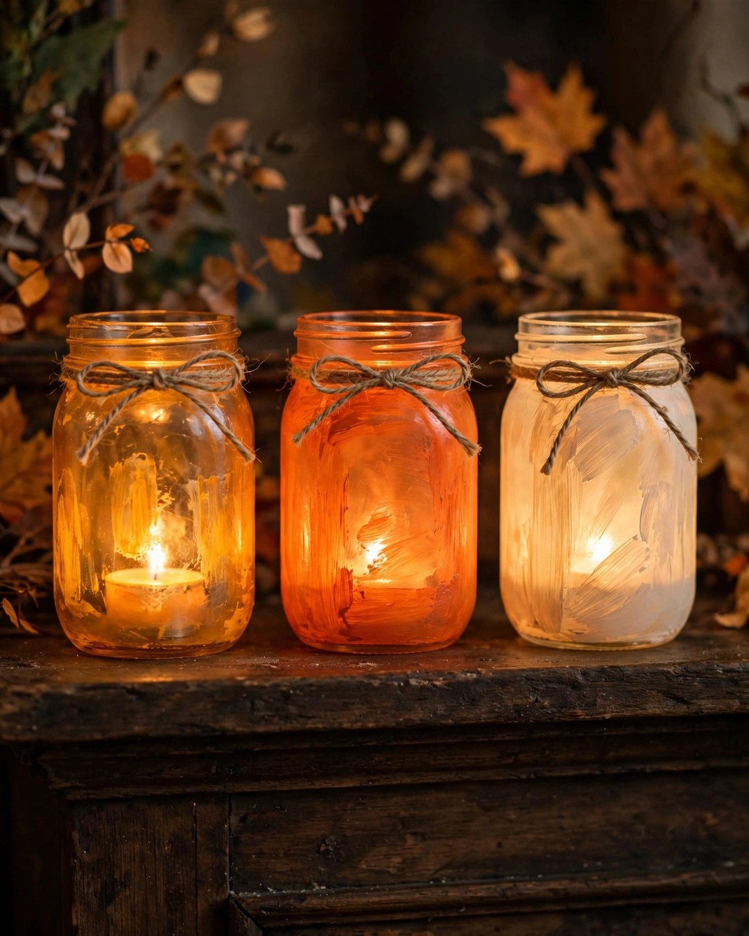 Painted mason jar luminaries in amber, orange, and cream glowing with tea lights on a mantel