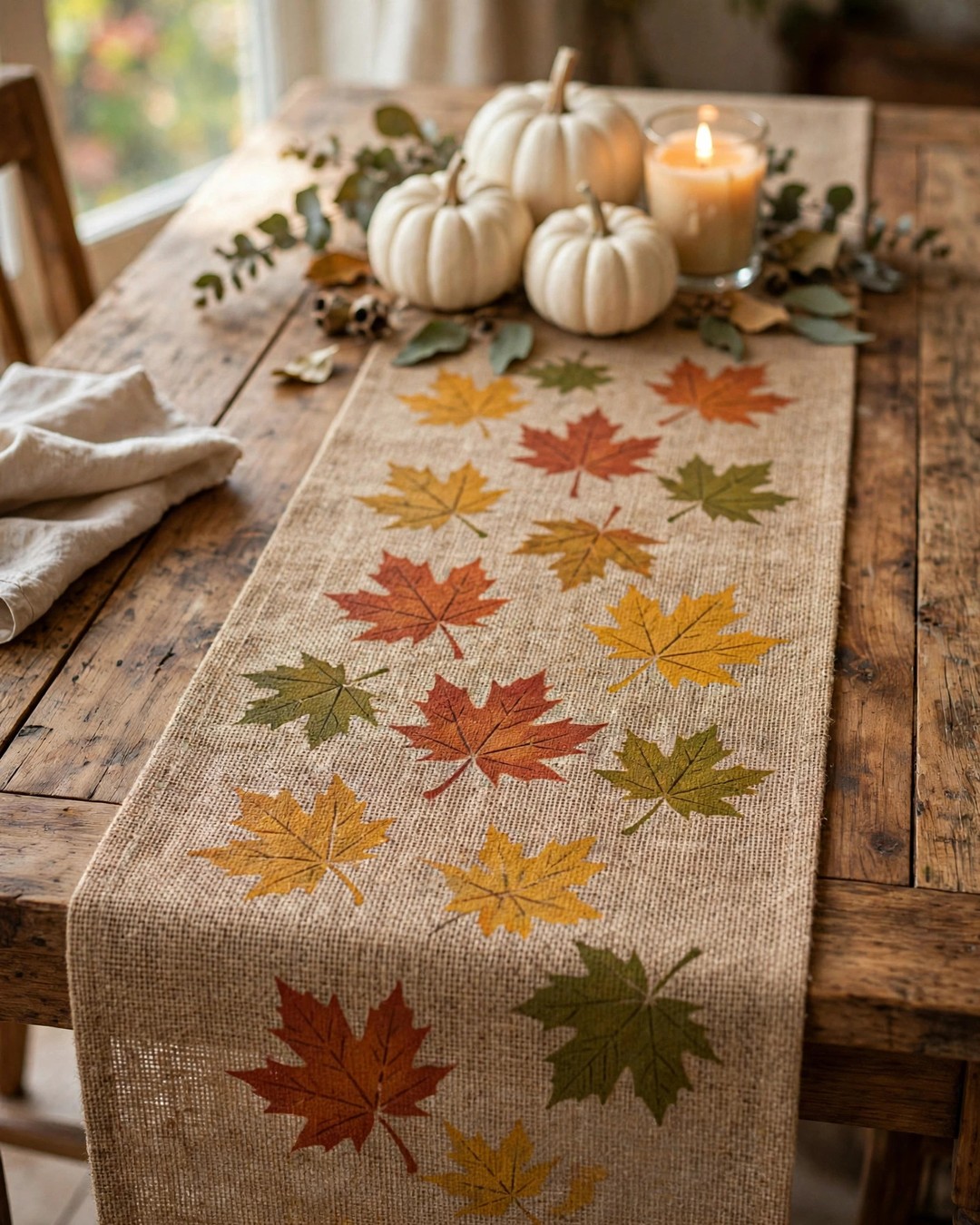 Burlap table runner hand-stenciled with fall maple leaves on a wooden dining table