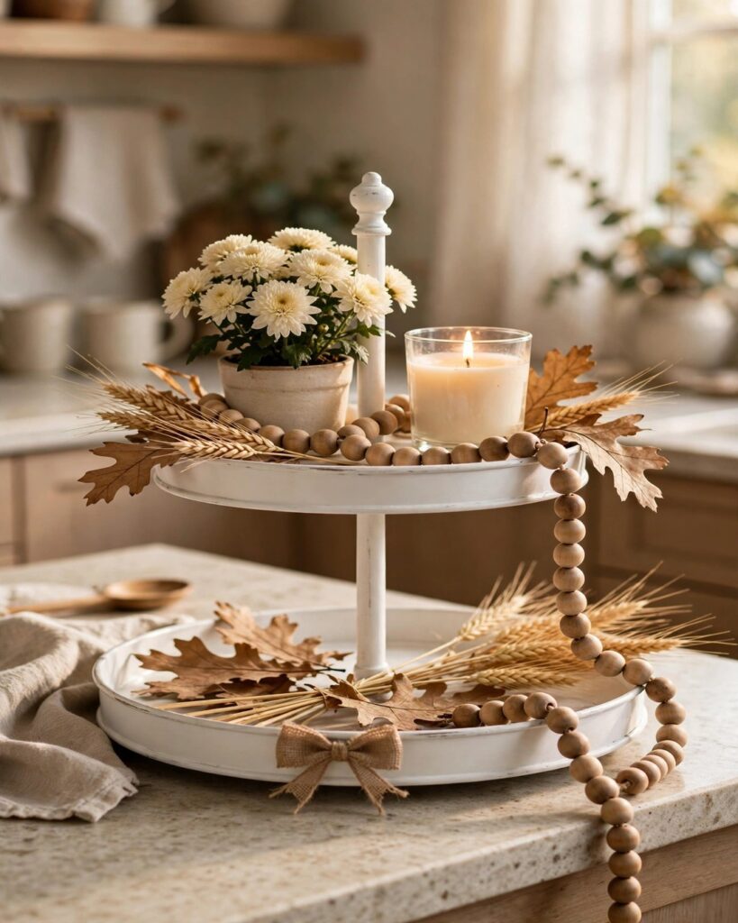 Styled fall tiered tray with mums, a candle, wood bead garland and dried leaves
