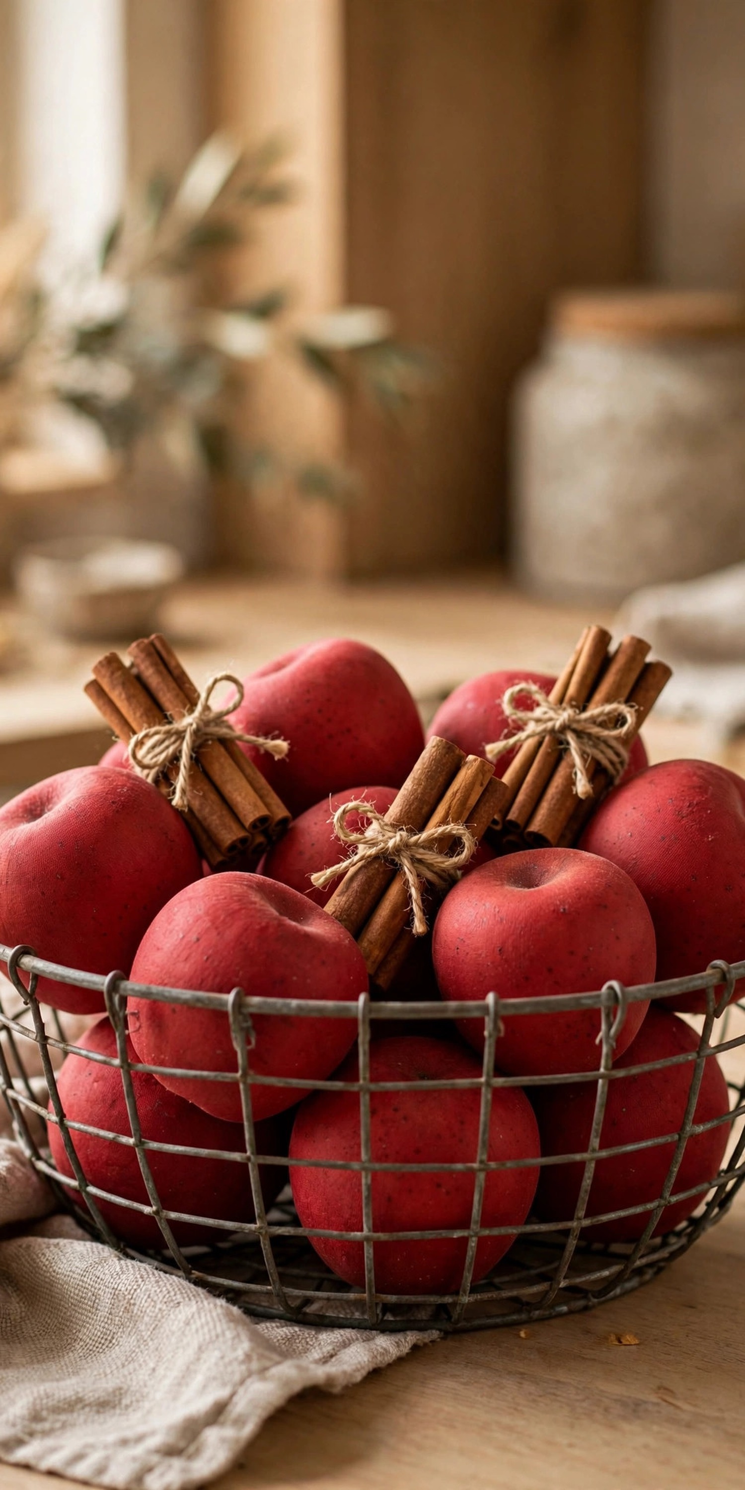 Wire basket with faux red apples and cinnamon stick bundles on a kitchen counter