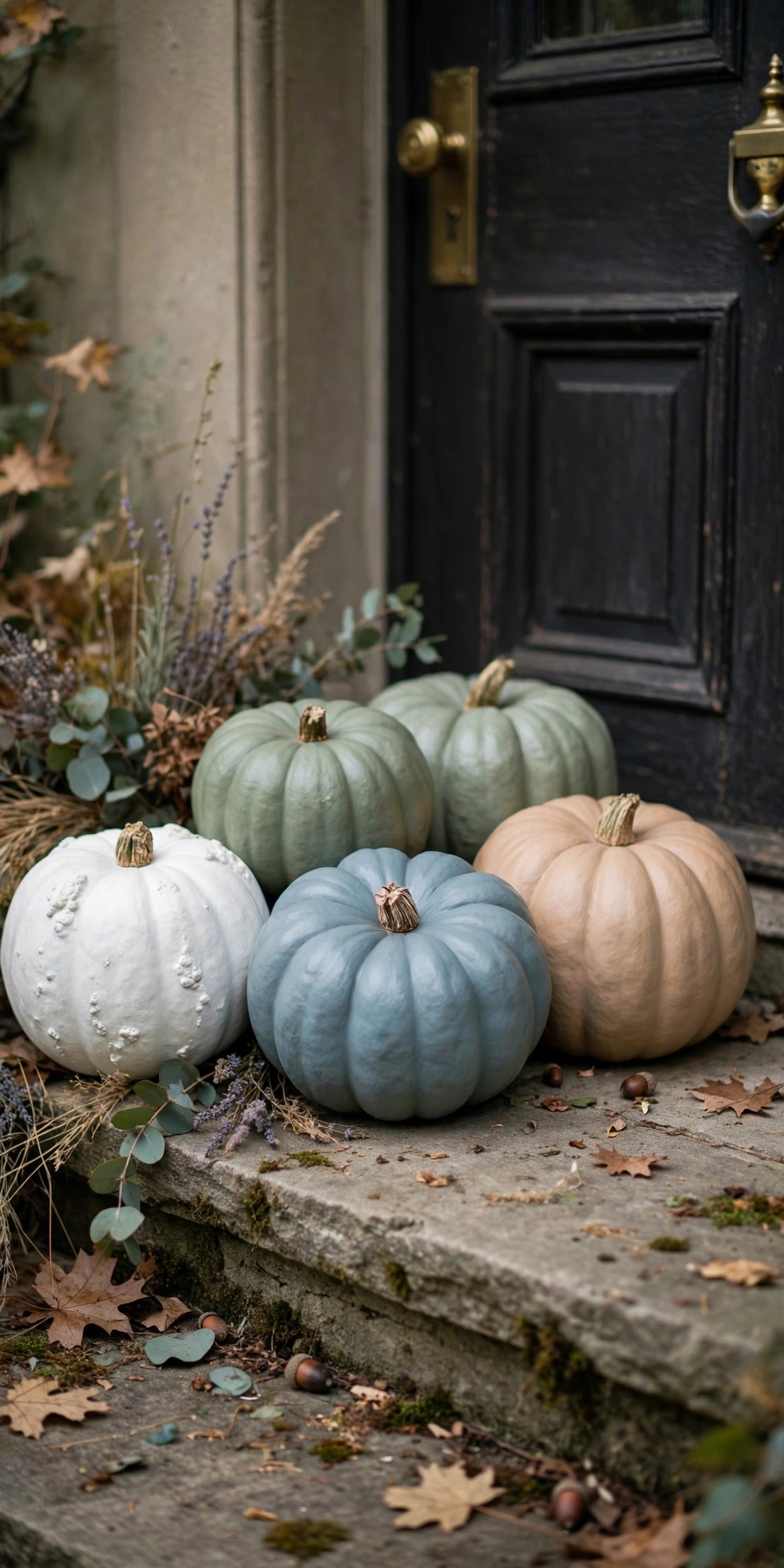 Foam pumpkins painted matte white, sage green, and warm beige on a porch step