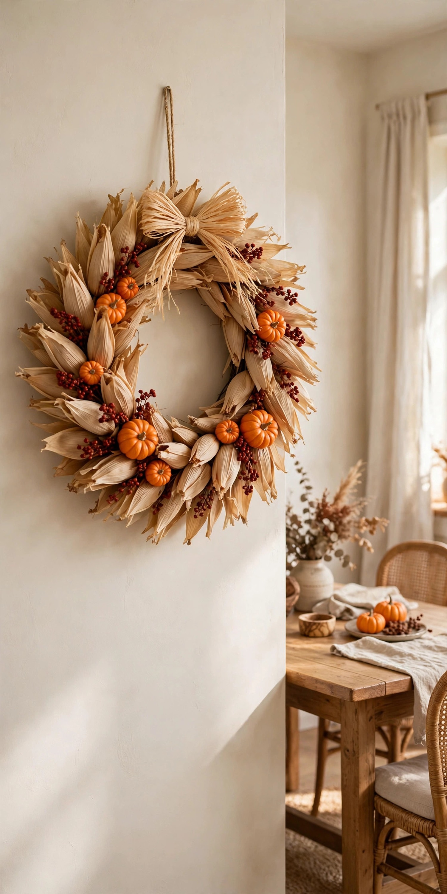 Corn husk wreath with dried berries and a raffia bow on an interior wall