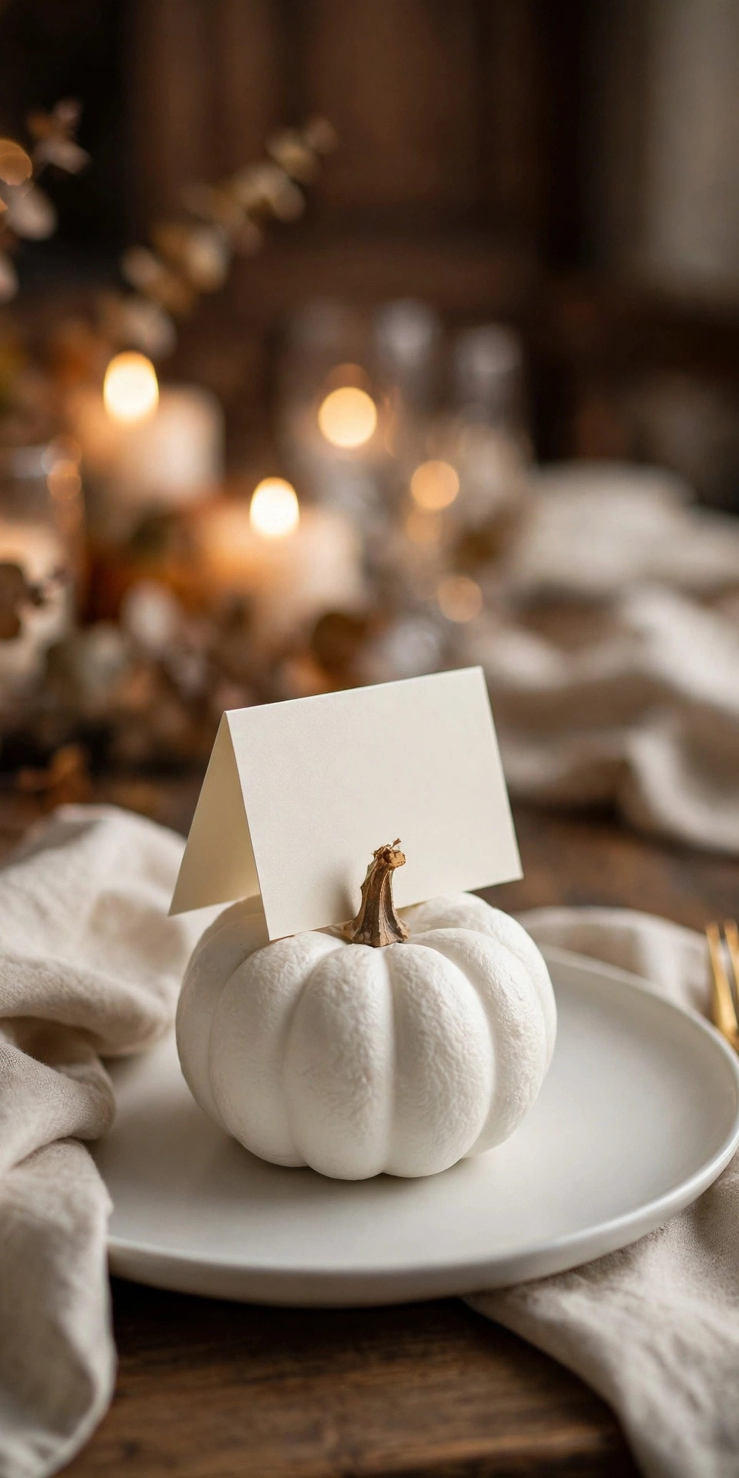 Mini foam pumpkins holding cardstock name tags as Thanksgiving place cards