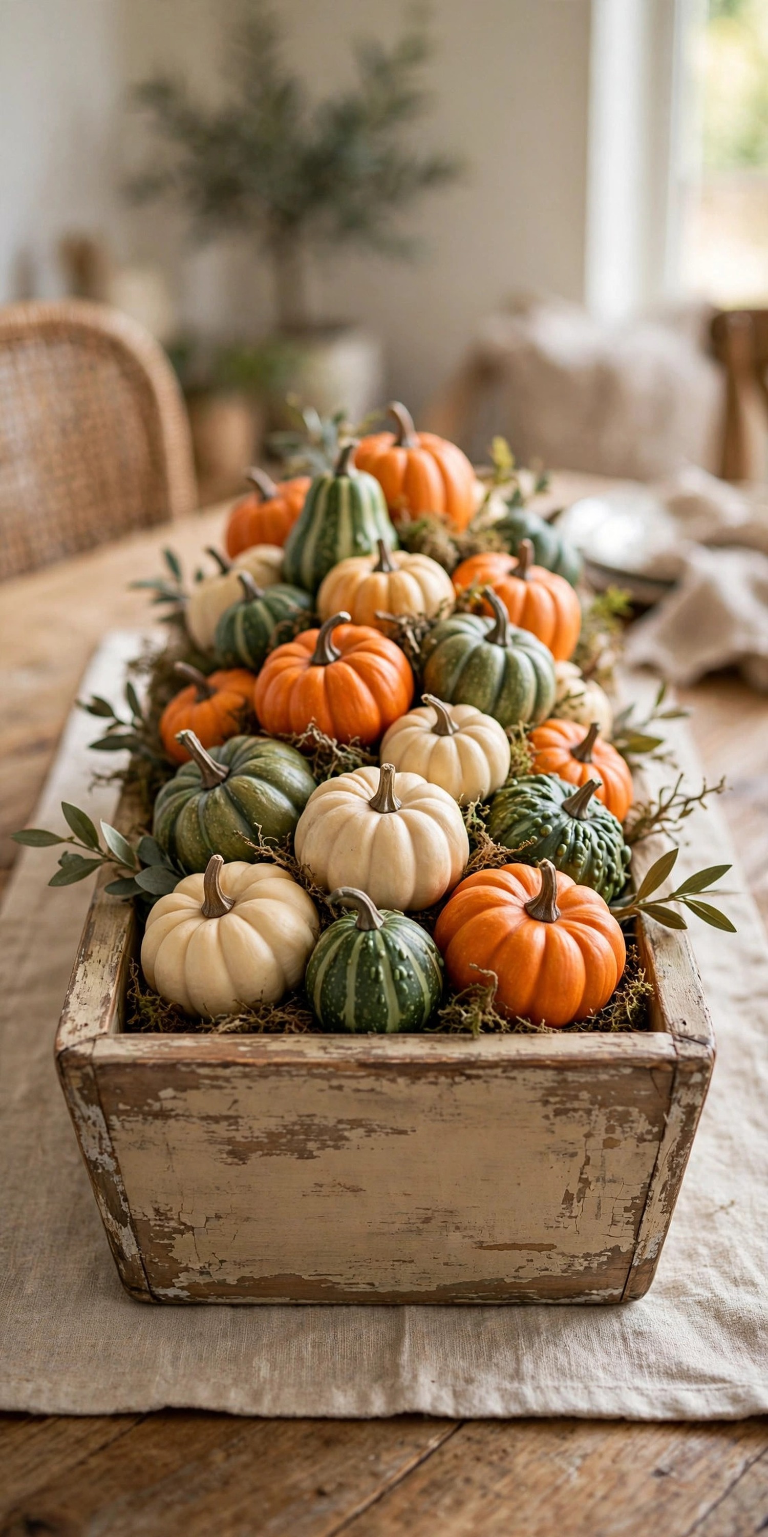 Bread pan painted in weathered wood finish filled with faux pumpkins and gourds