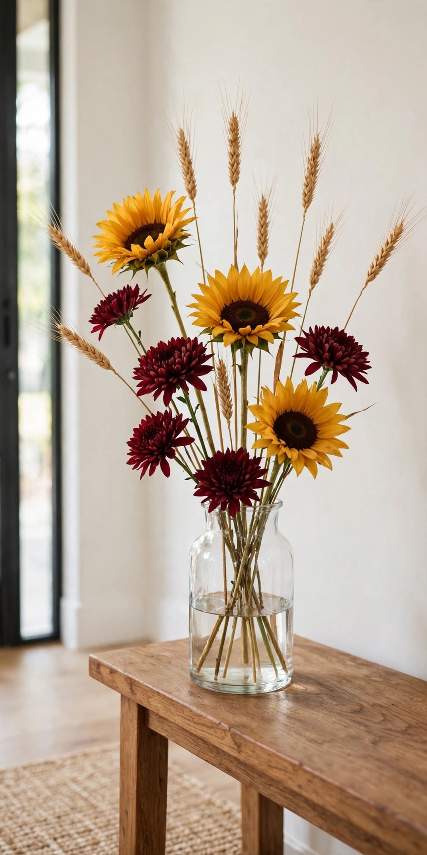 Glass vase with silk sunflowers, burgundy mums, and wheat stems on a wooden console
