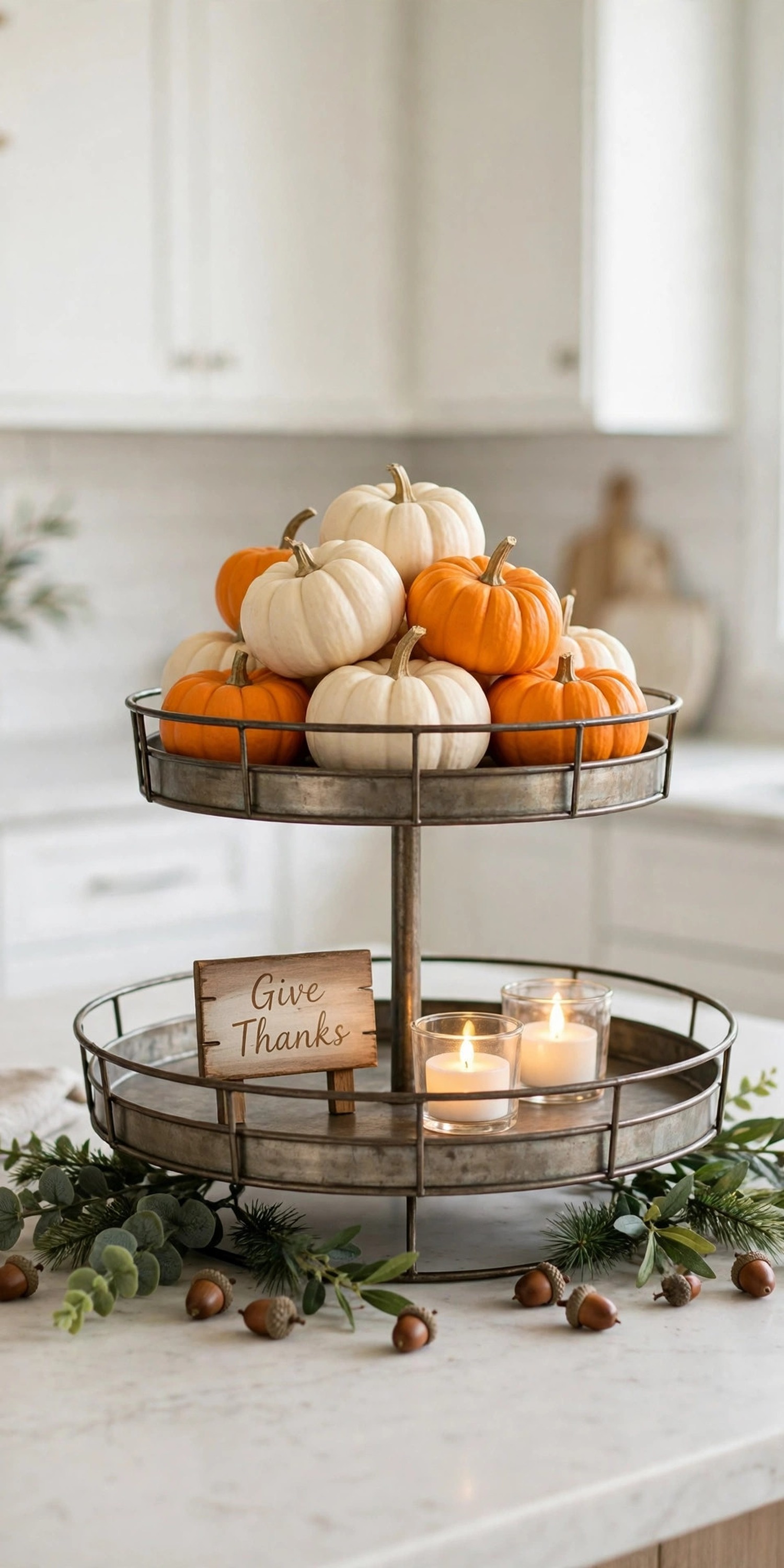 Two-tier tray styled with mini pumpkins, a small wooden sign, and LED tea lights