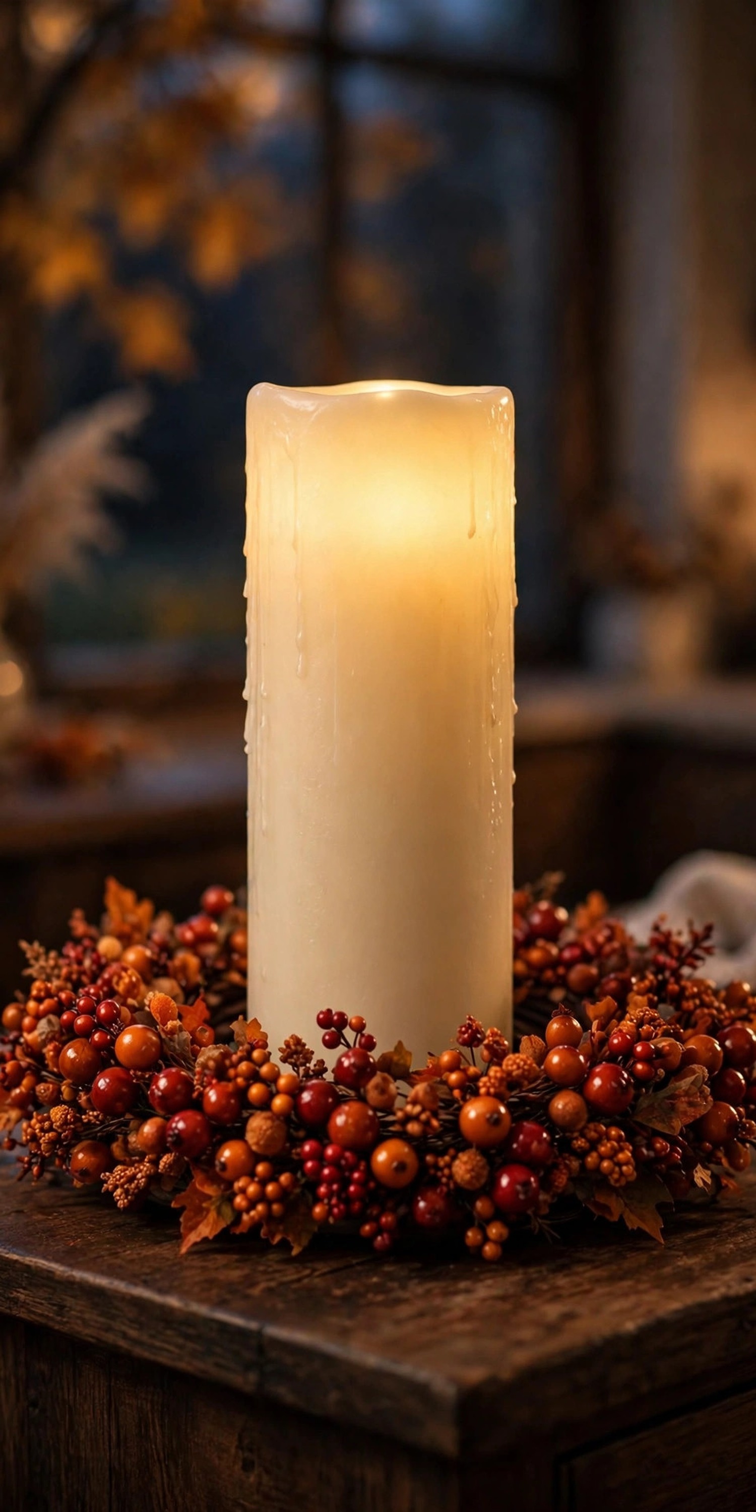 Fall berry picks wired in a circle around a glowing LED pillar candle