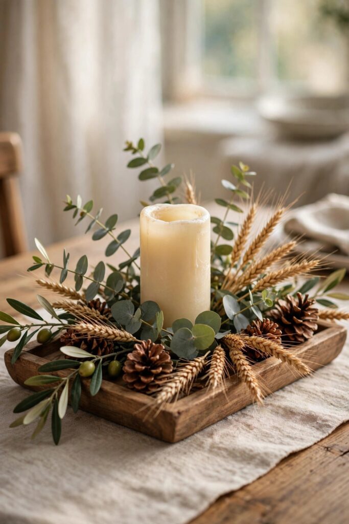 Wooden tray centerpiece with a pillar candle, eucalyptus, wheat and pinecones