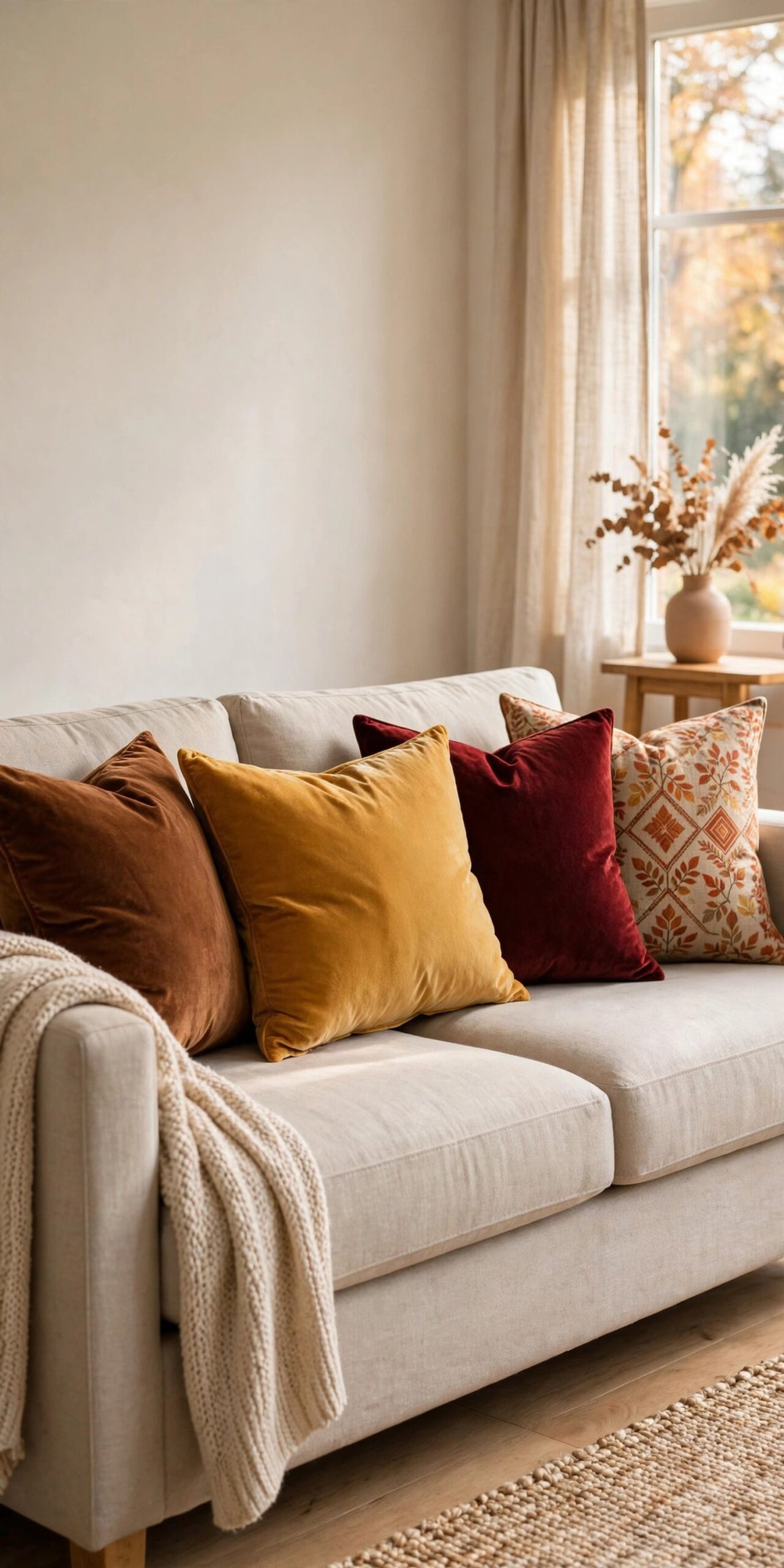 Velvet pillow covers in fall colors on sofa