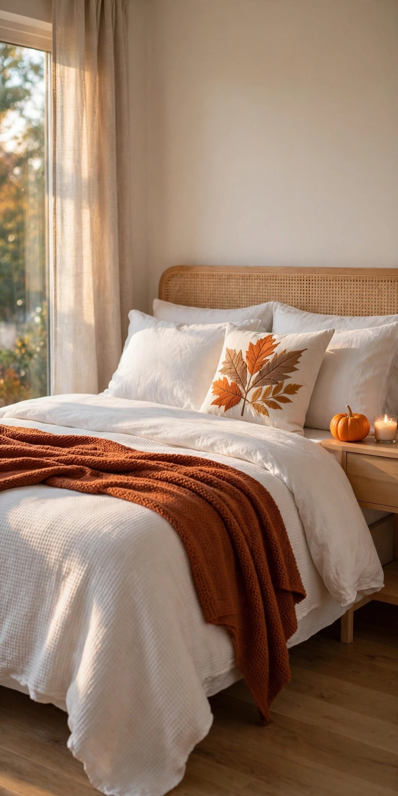 Guest bedroom with fall throw and pumpkin