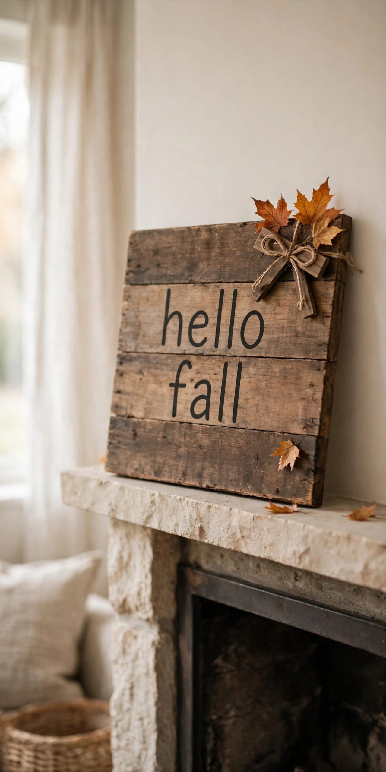 Wooden hello fall sign on mantel