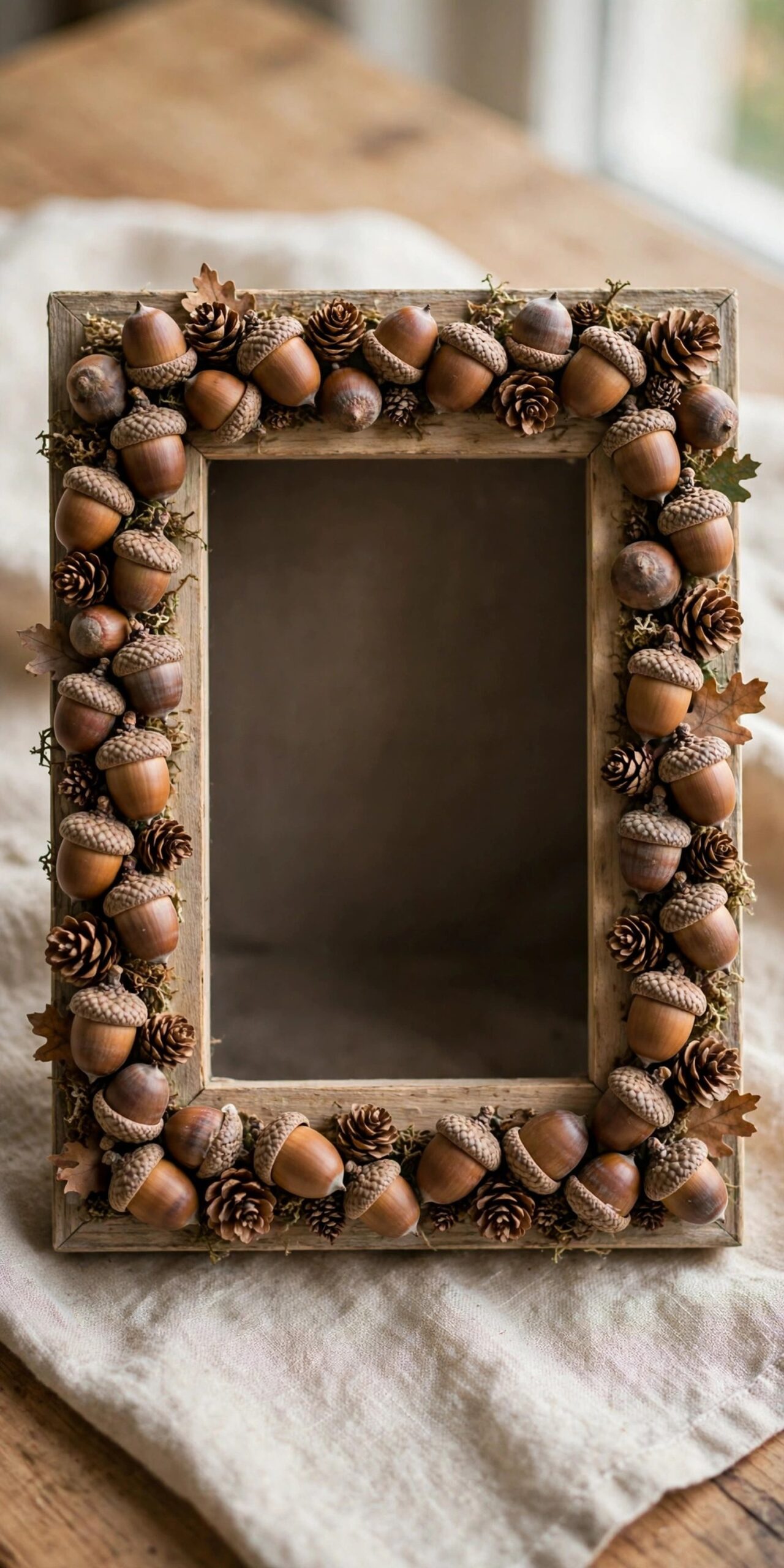 Photo frame decorated with acorns