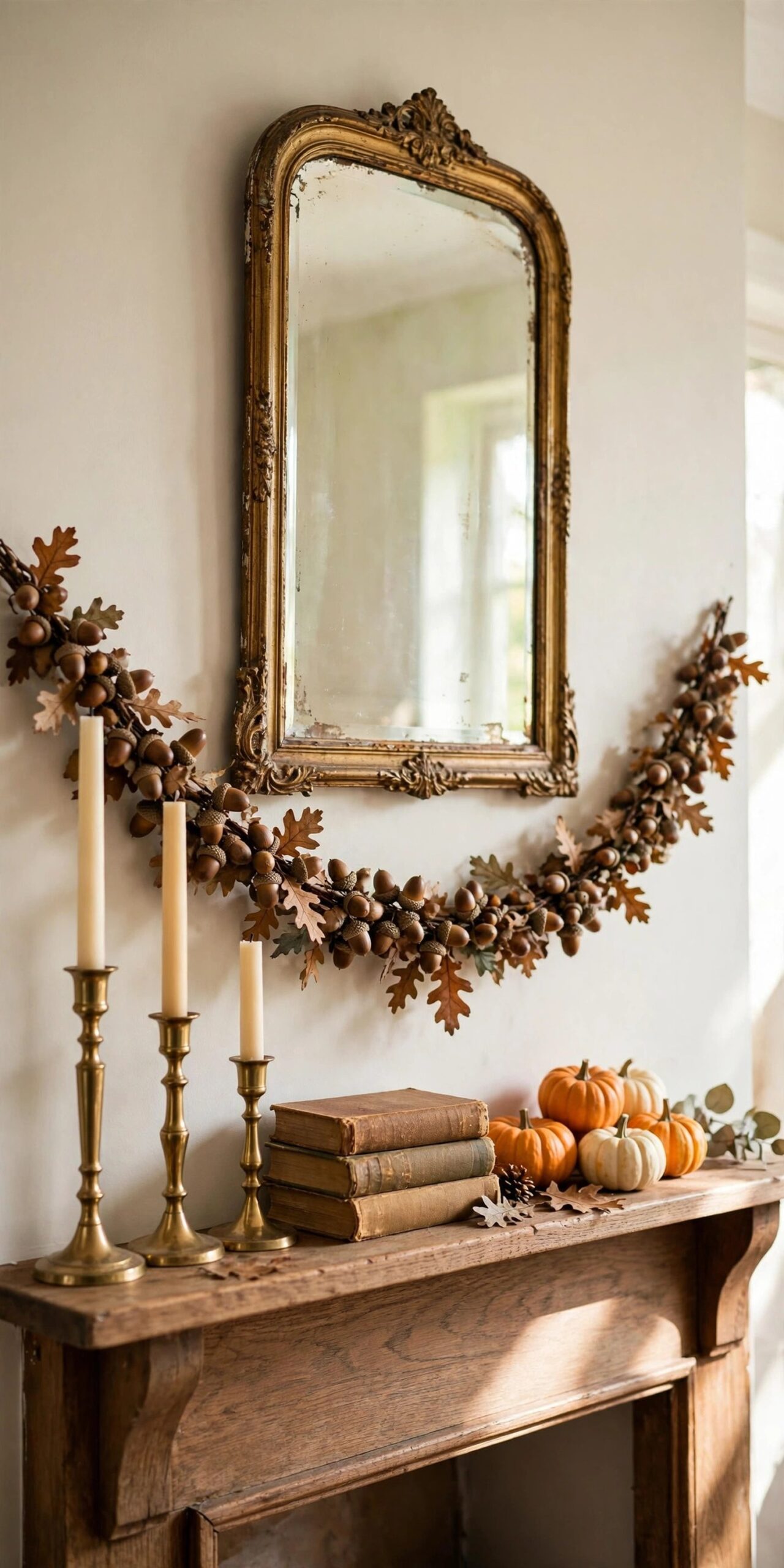 Layered fall mantel with garland and pumpkins
