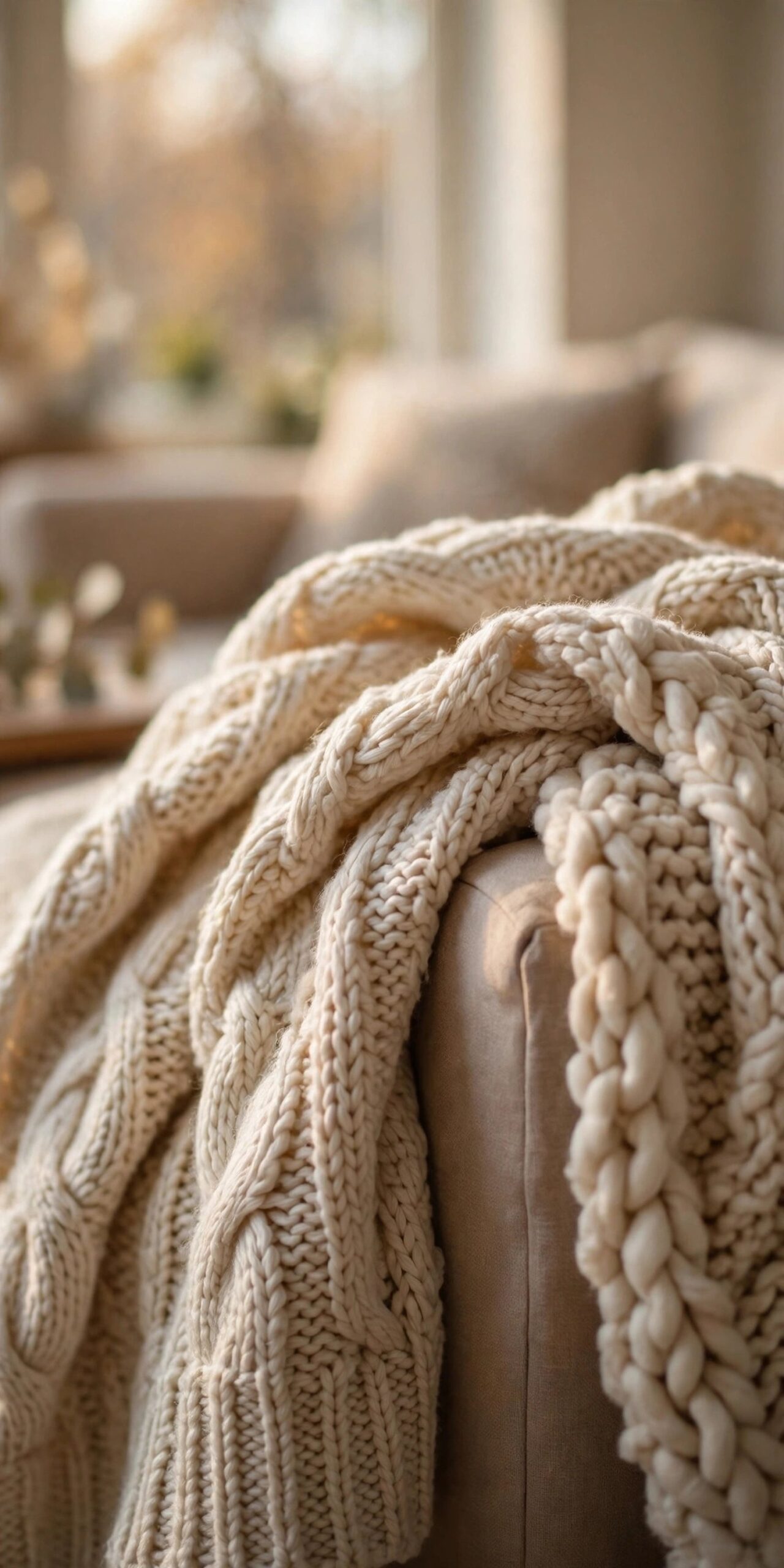Chunky knit throw draped on sofa arm