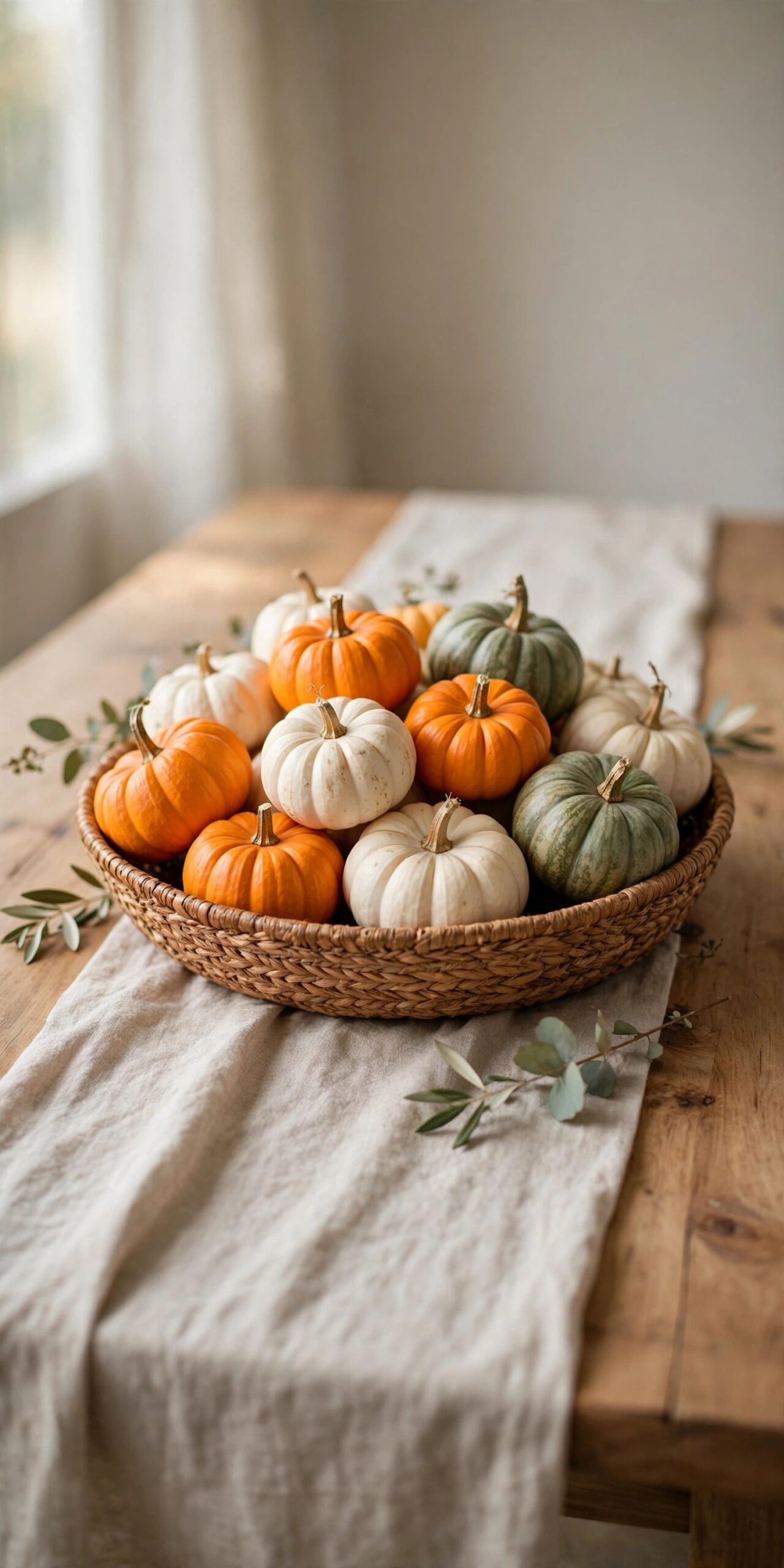 Mini pumpkins in basket centerpiece