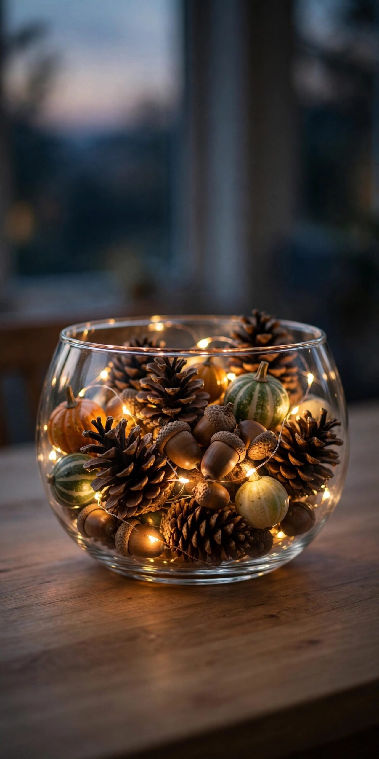 Glass bowl with pinecones and fairy lights