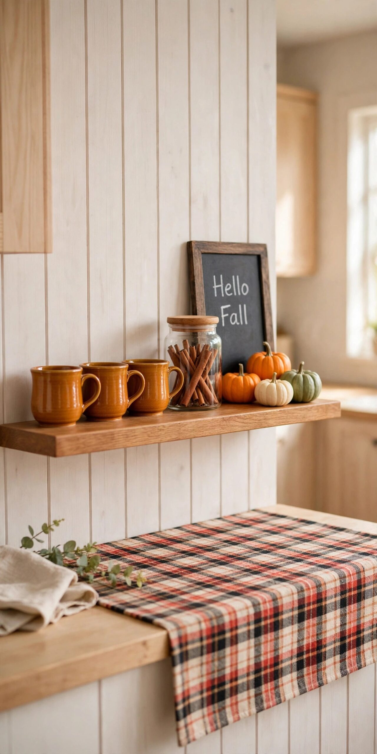 Fall coffee bar with pumpkins and mugs