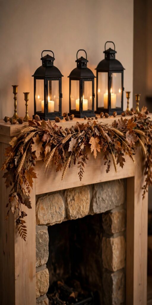 Fall mantel styled with glowing lanterns, dried leaf garland and candles
