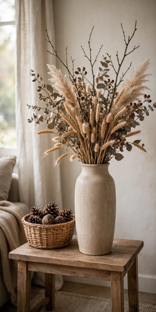 Tall ceramic vase with dried branches, wheat and eucalyptus beside a basket of pinecones