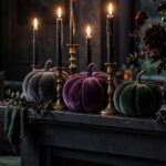 Elegant Halloween living room with velvet pumpkins, black taper candles in brass holders, and dark florals