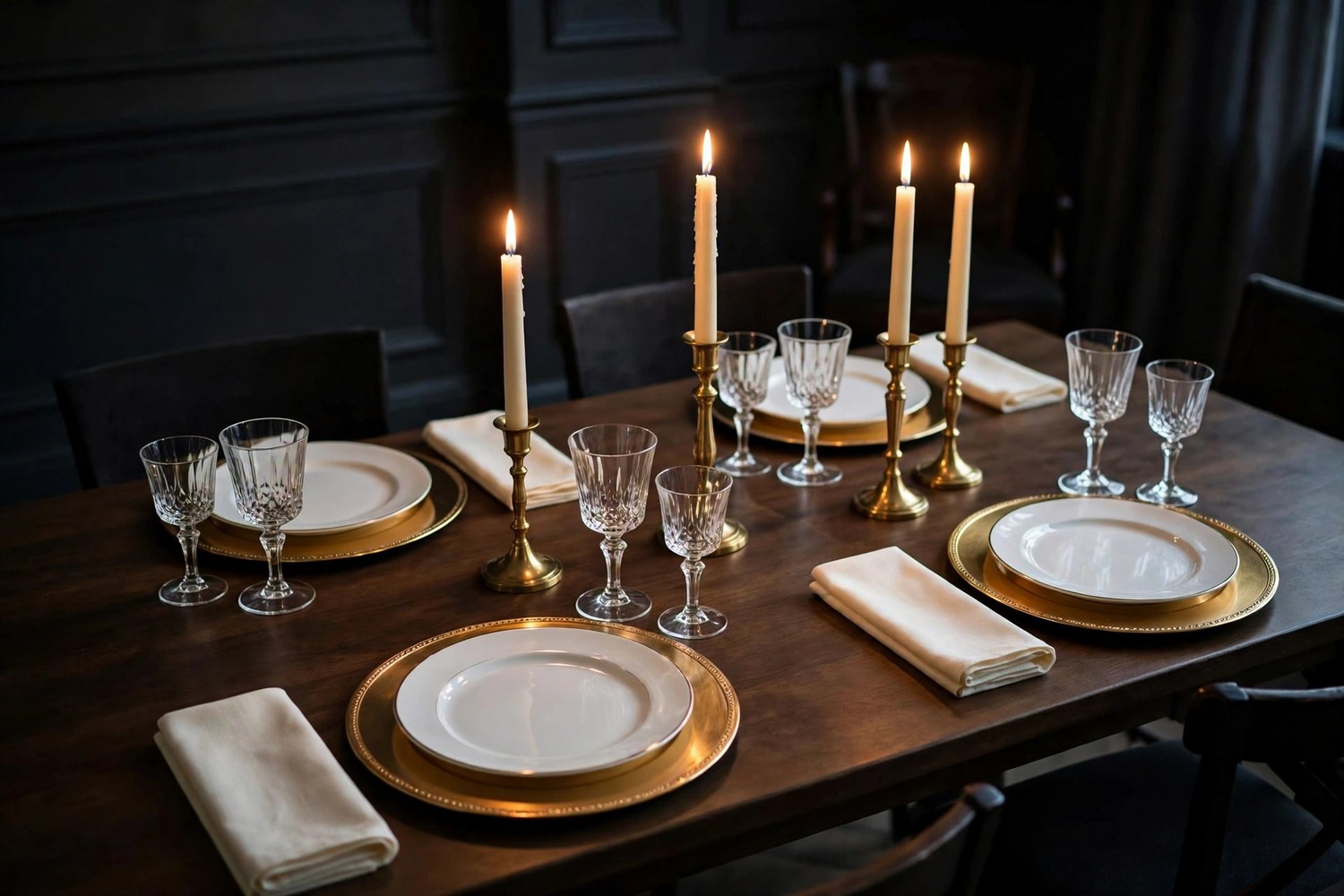 Elegant Thanksgiving table with gold chargers and candlelight