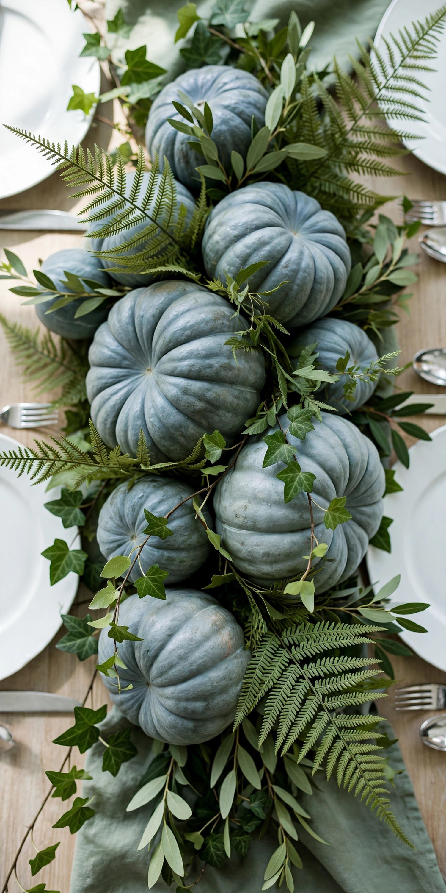 Tonal green centerpiece with blue pumpkins and fern fronds