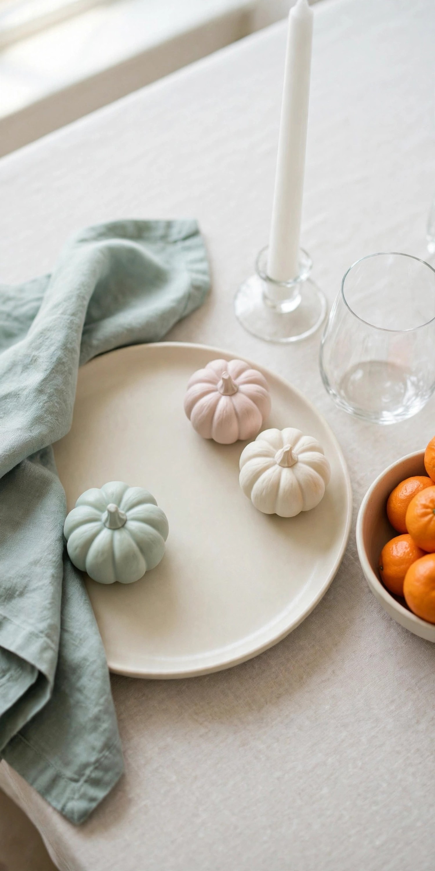 Thanksgiving setting with mint napkins and pastel pumpkins