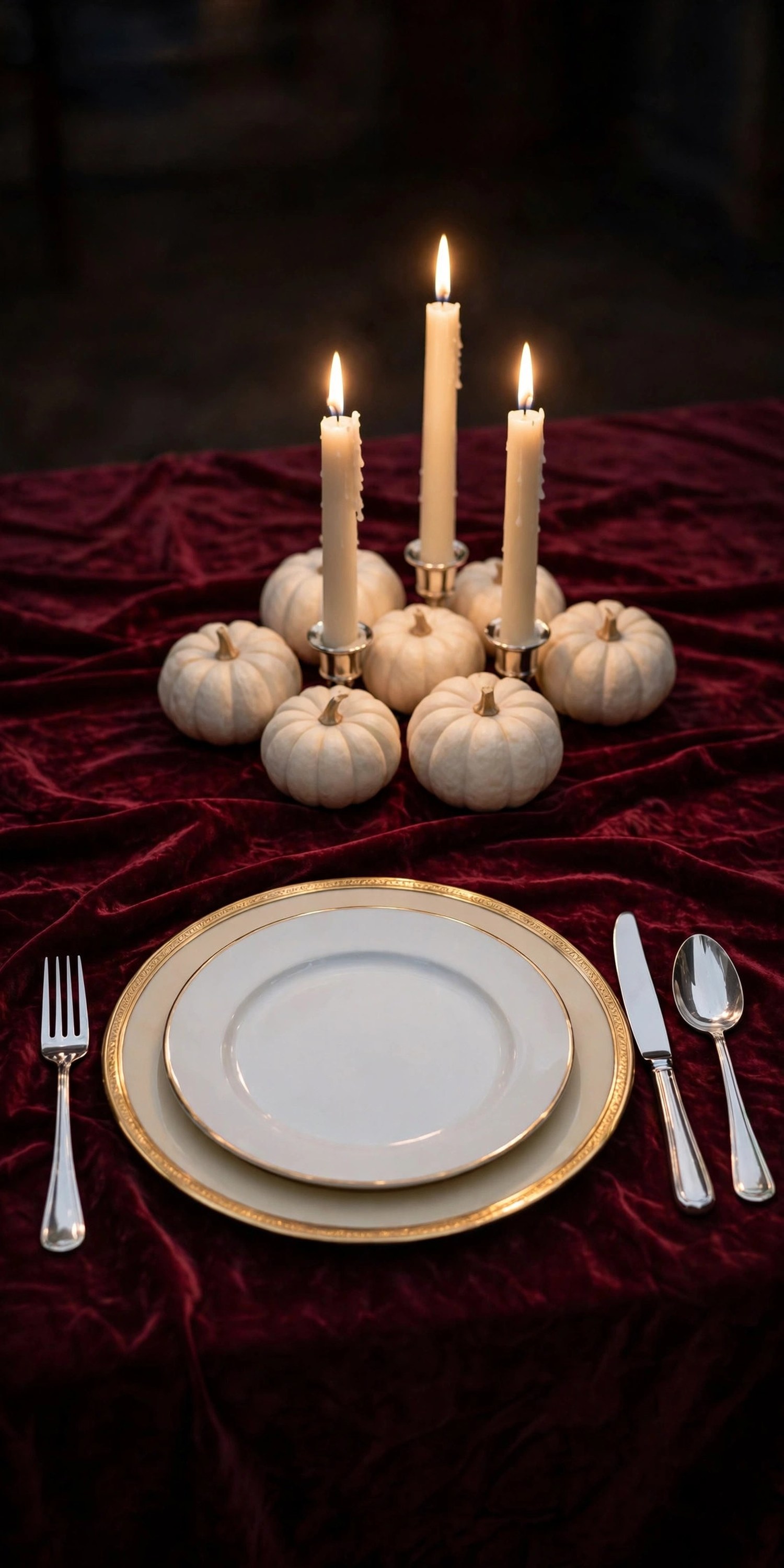 Burgundy tablecloth with cream chargers and white pumpkins