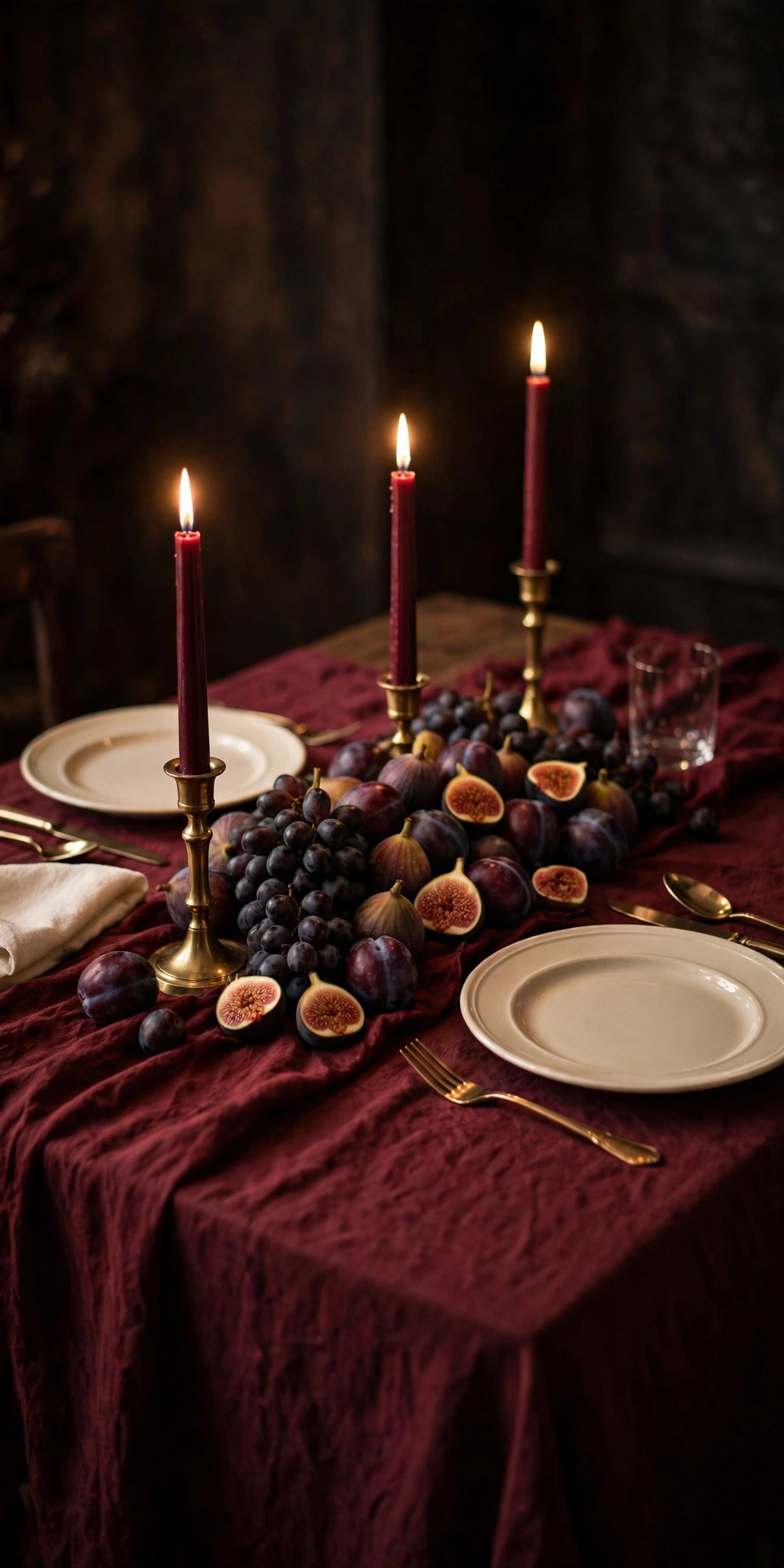 Jewel-toned Thanksgiving table with burgundy cloth and brass candles
