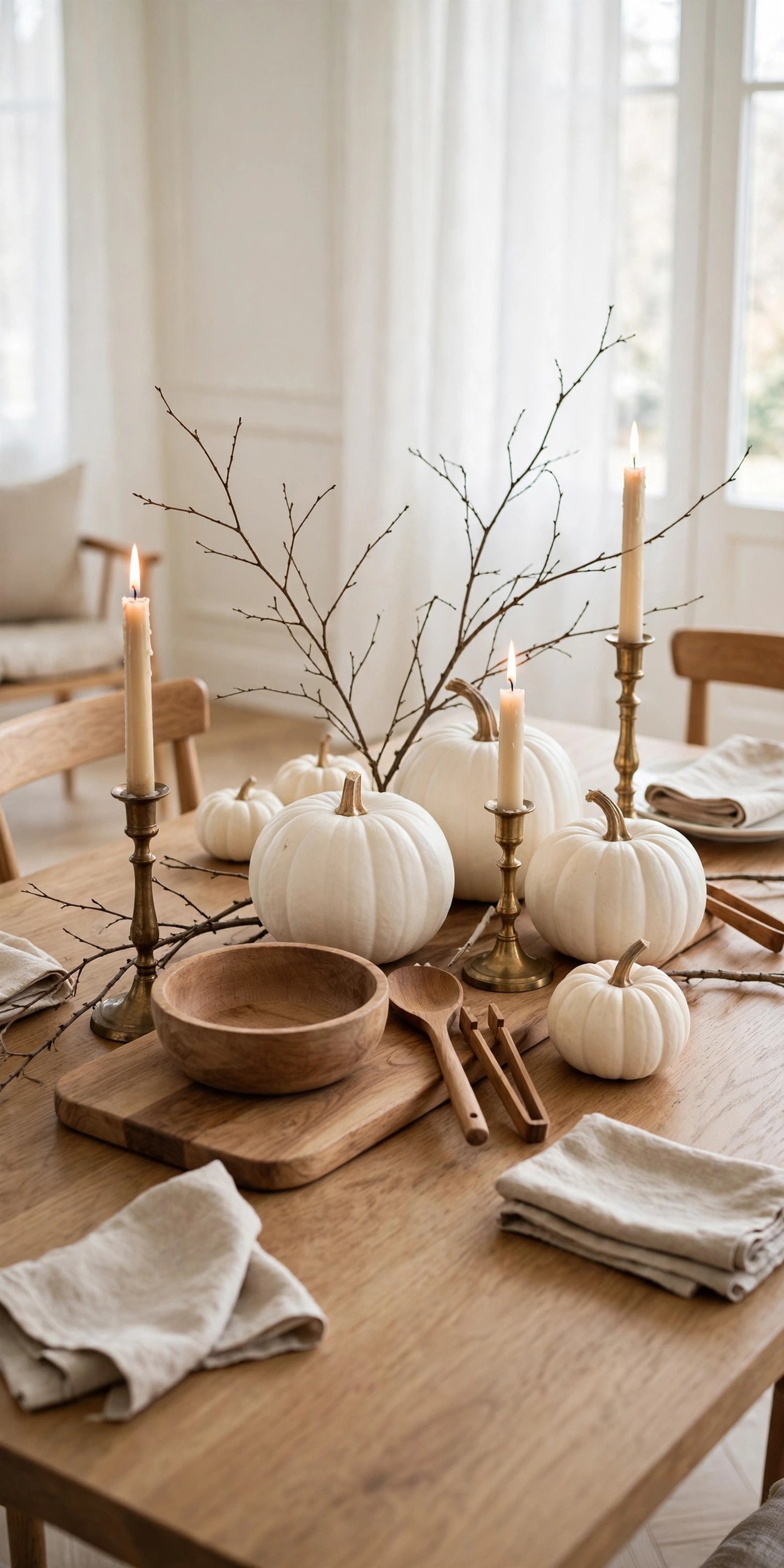 Calm neutral Thanksgiving table with white pumpkins and brass