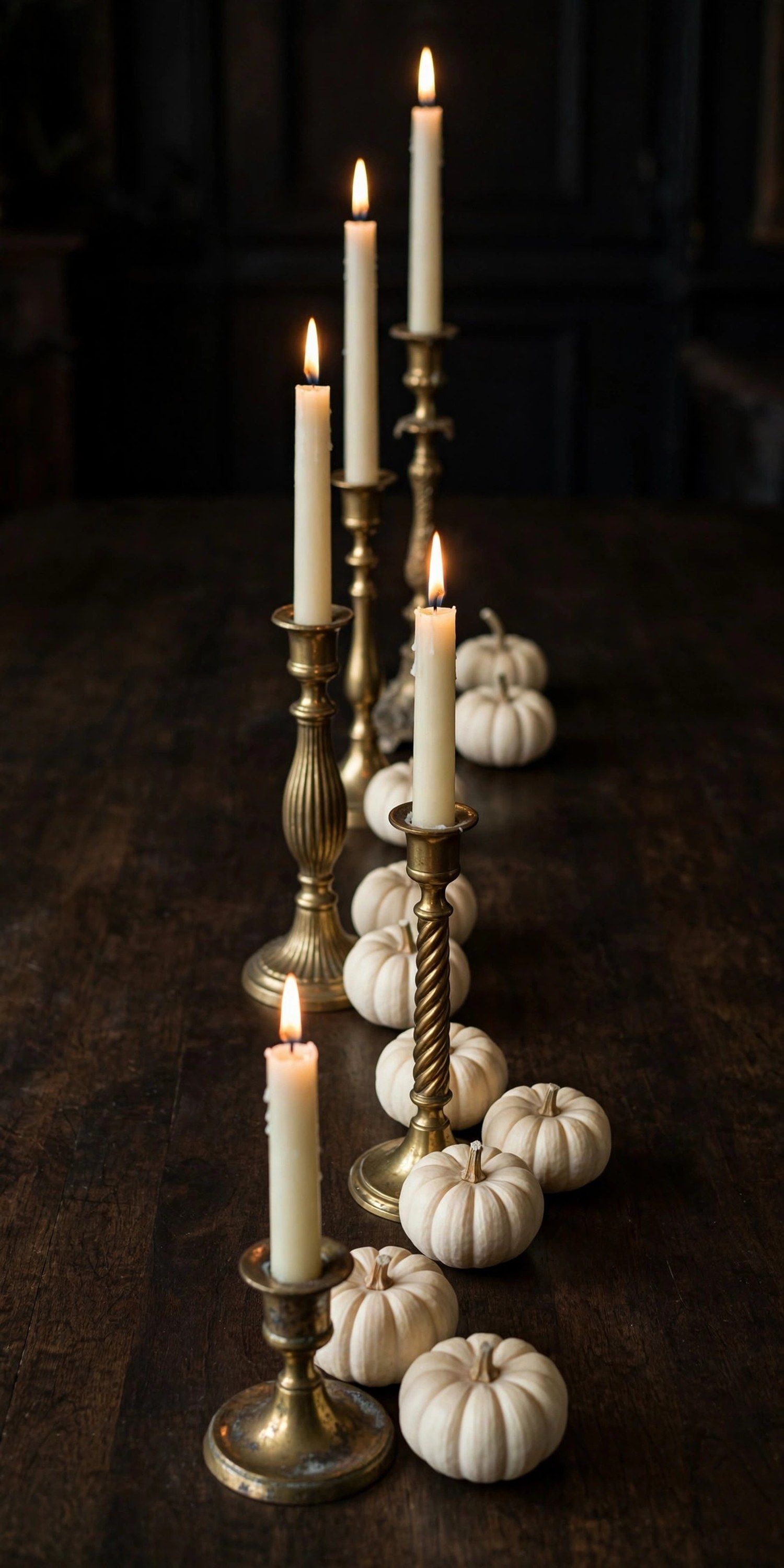 Brass candlesticks in different heights with ivory tapers