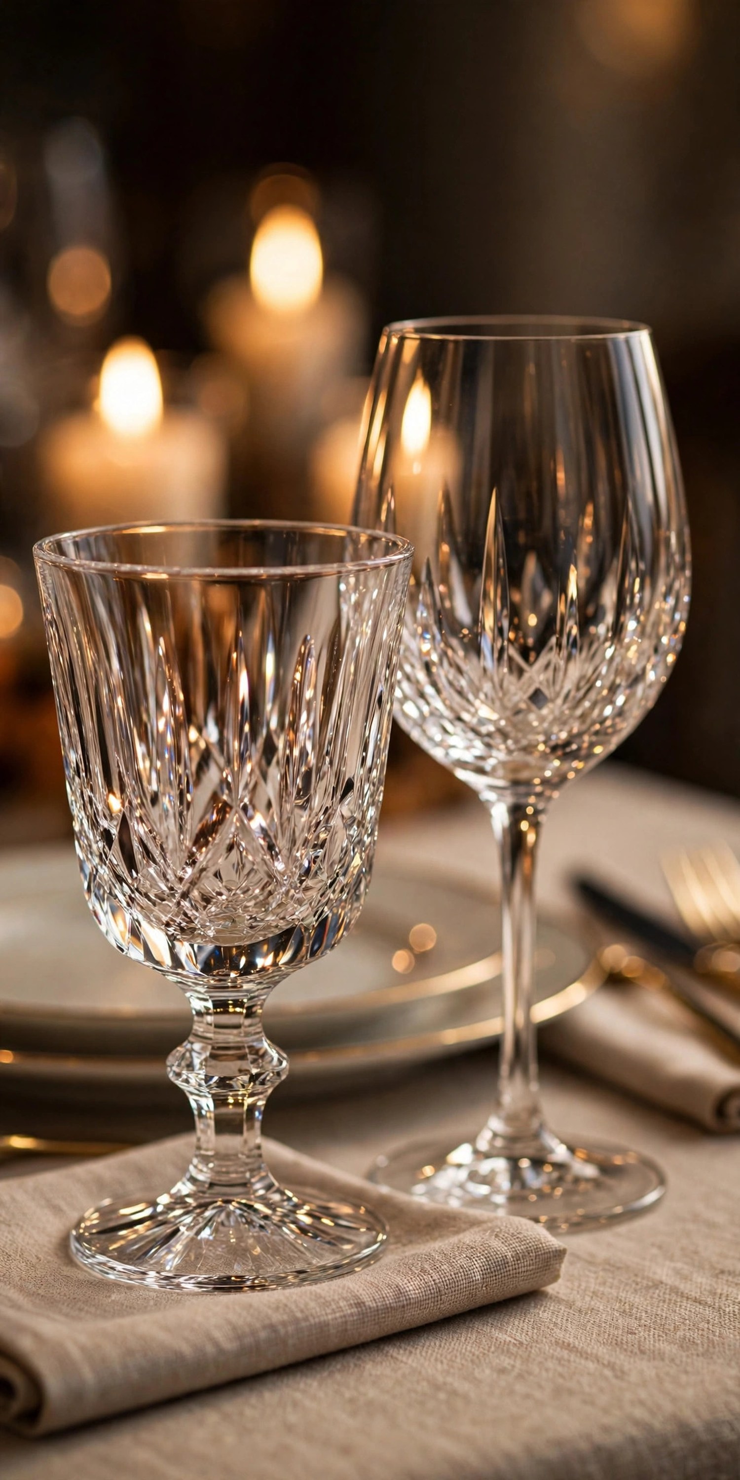 Cut crystal glasses catching candlelight at a Thanksgiving setting