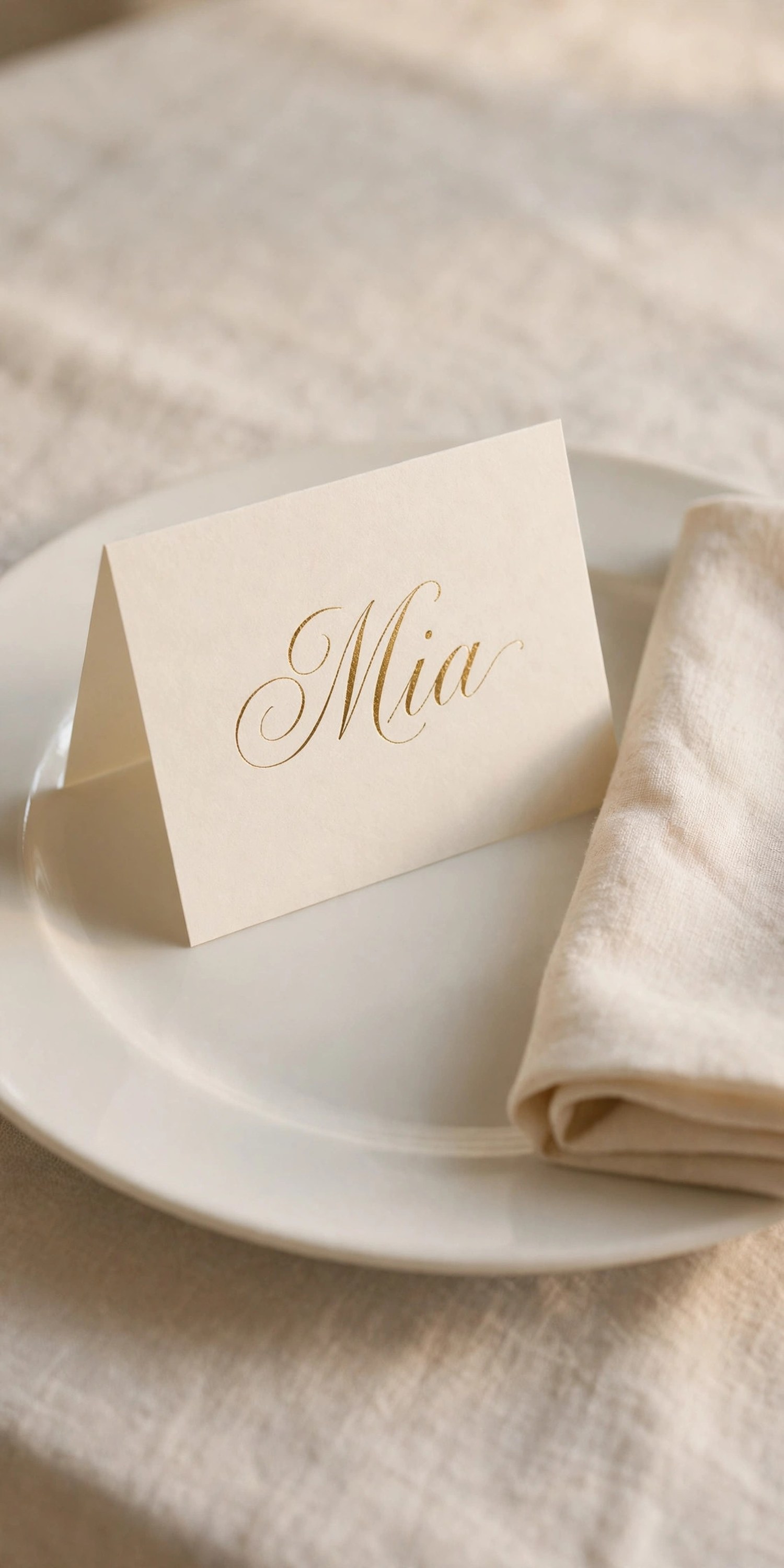 Place card with gold calligraphy on cream card stock
