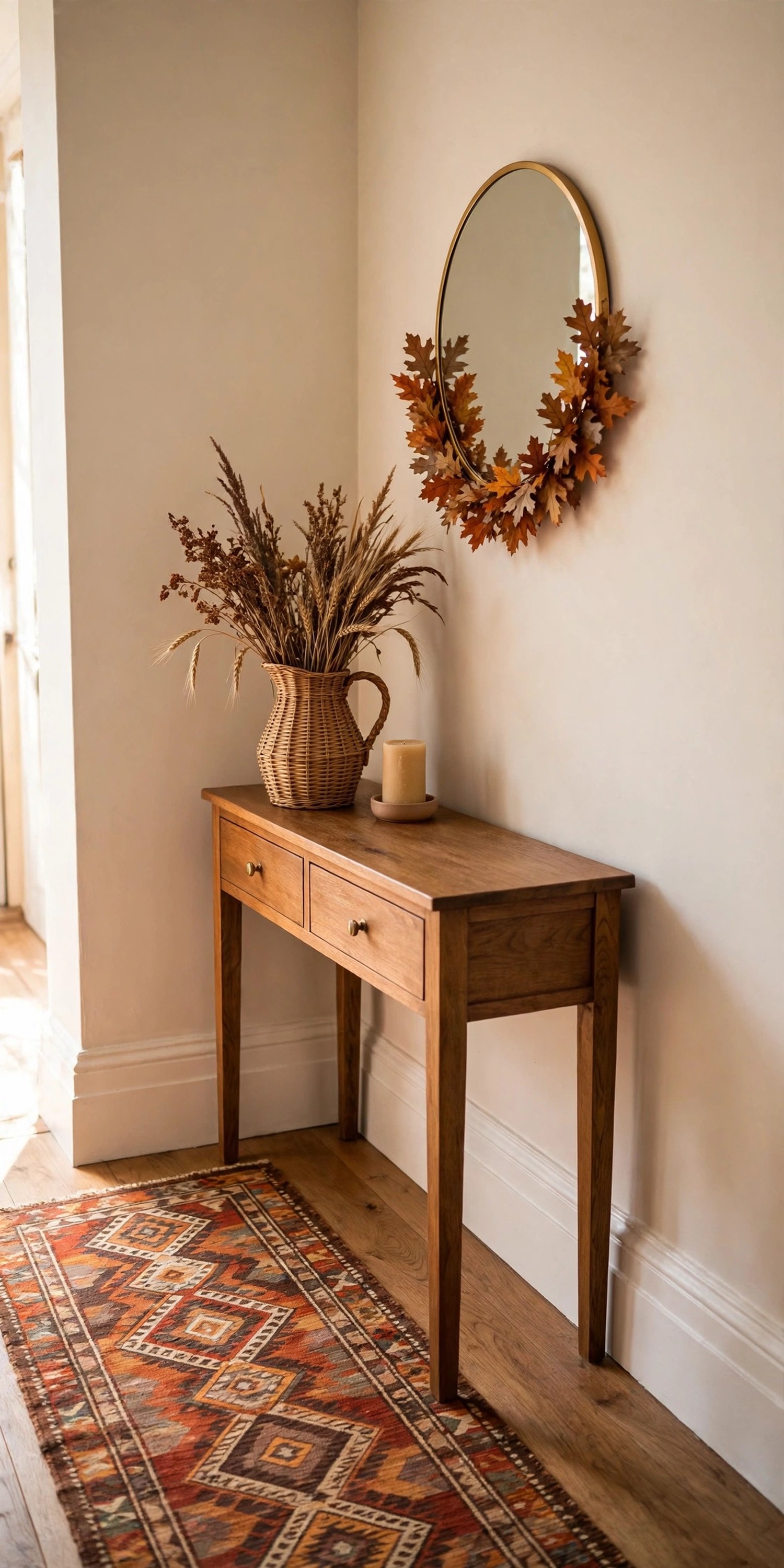 Styled Thanksgiving entryway corner with console and mirror