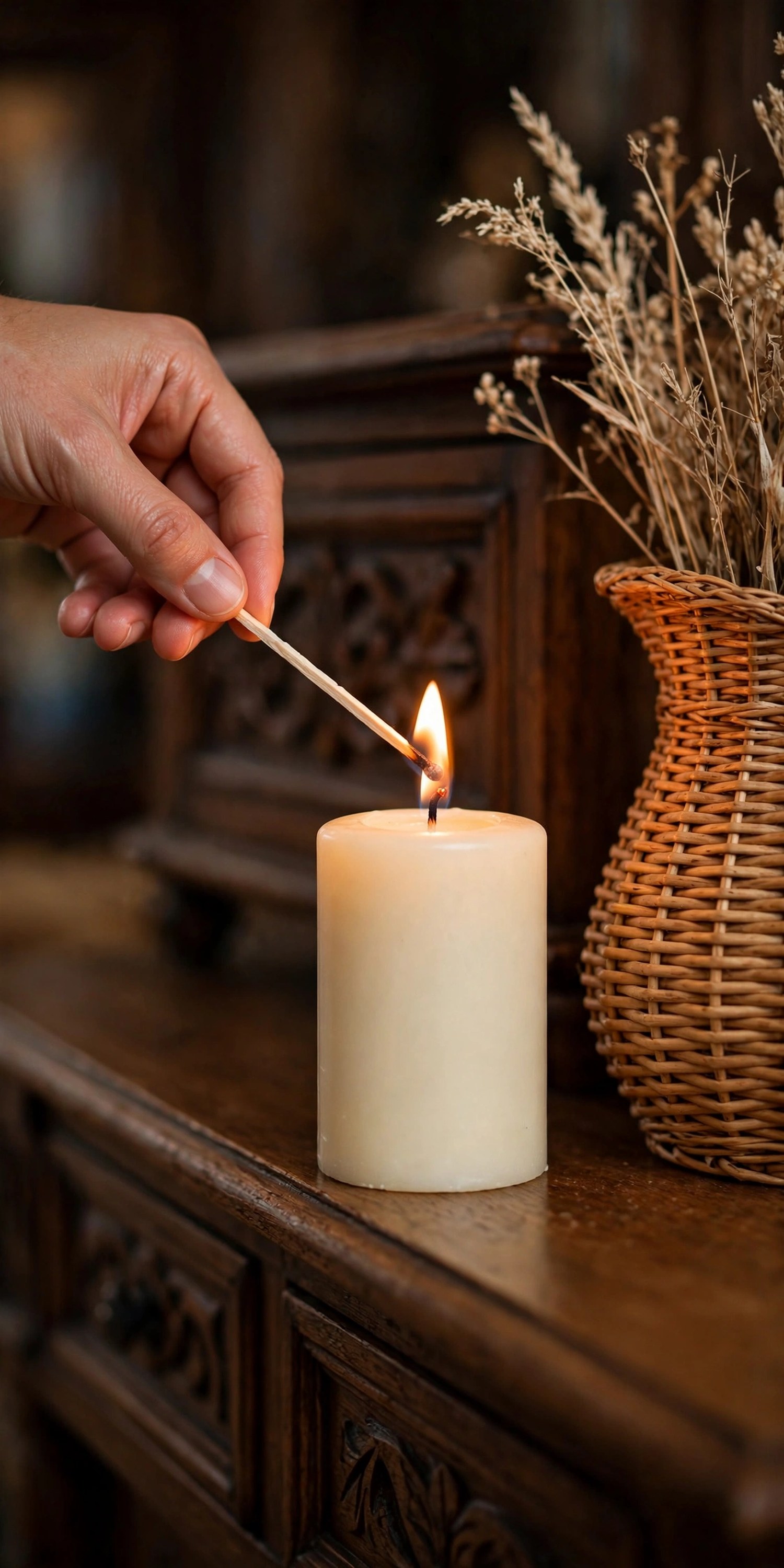Hands lighting a candle on a decorated entryway console