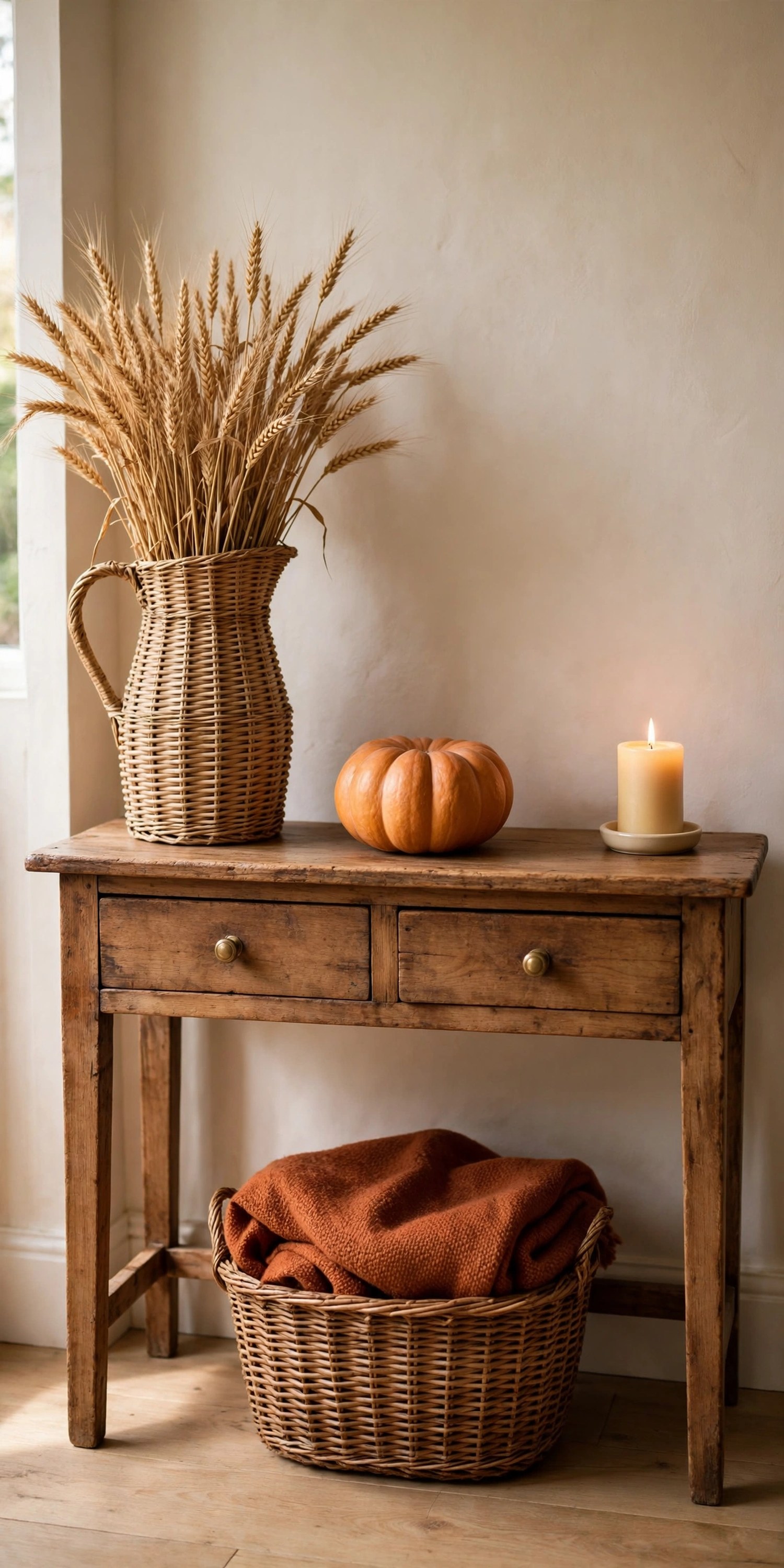 Entryway console with wicker pitcher, amber pumpkin, and candle