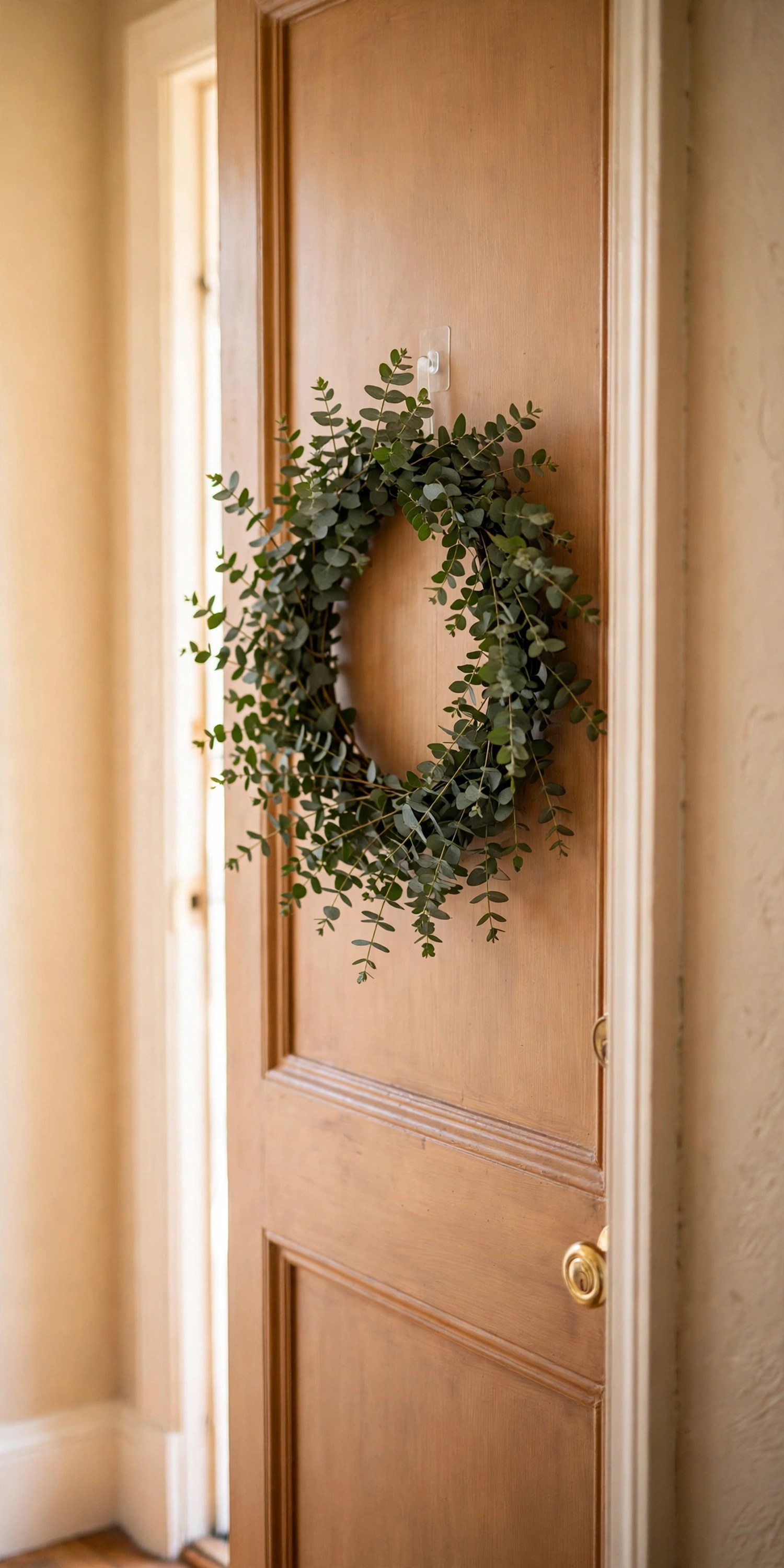 Eucalyptus wreath on the inside of a front door