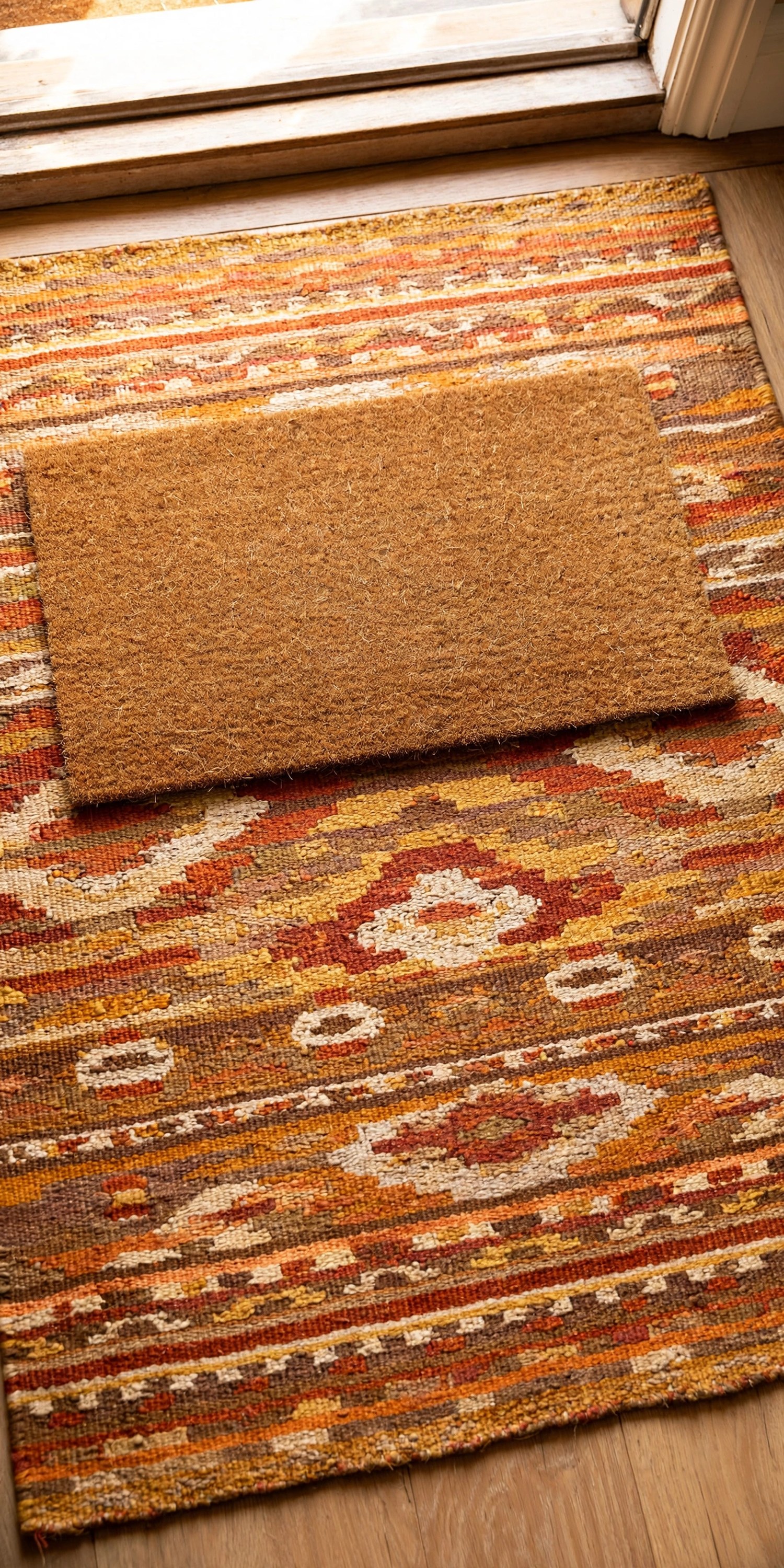 Layered entry mats inside a front door